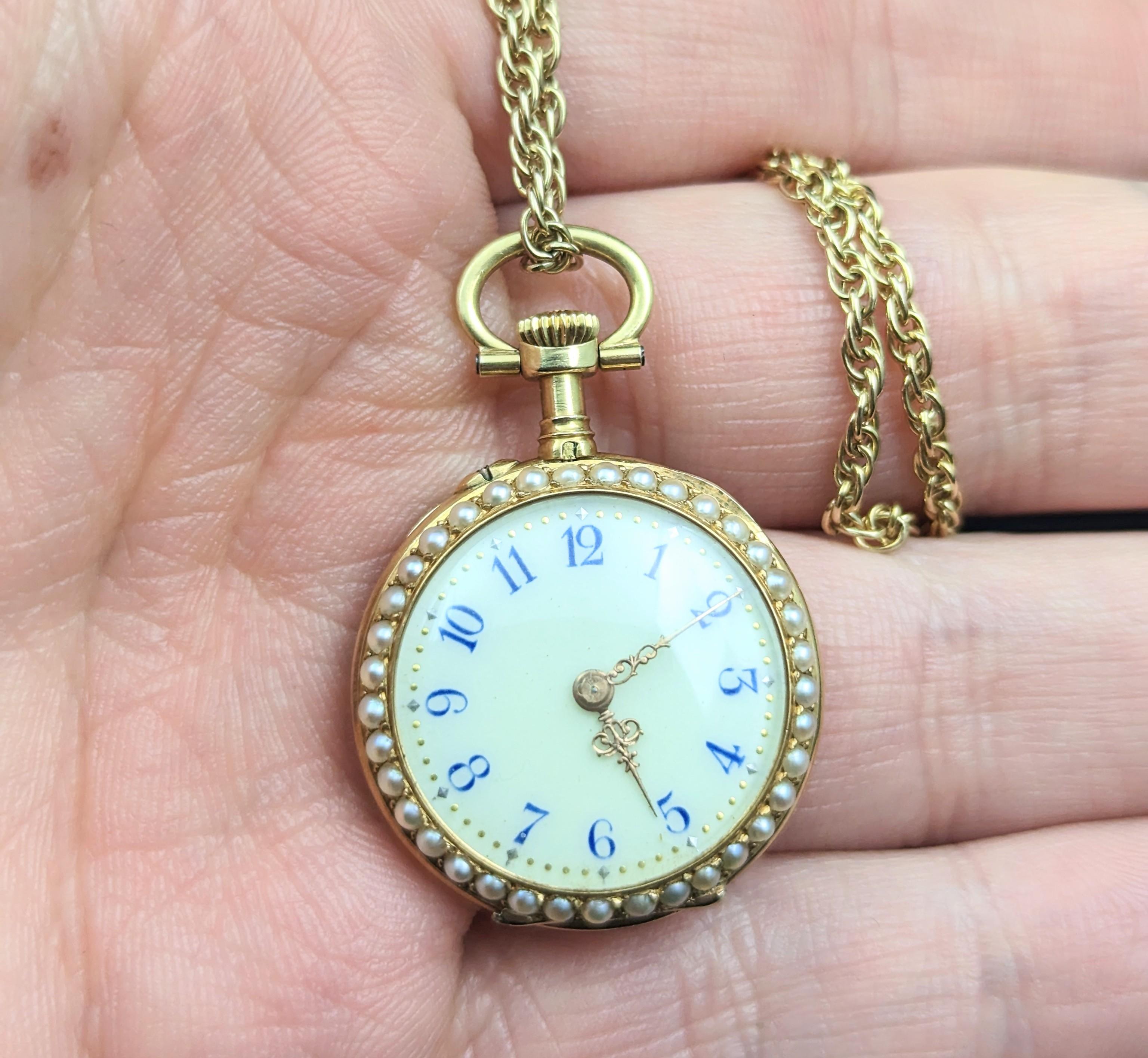 Antique Diamond and Pearl Fob Watch, 18 Karat Gold, Guilloche Enamel 2