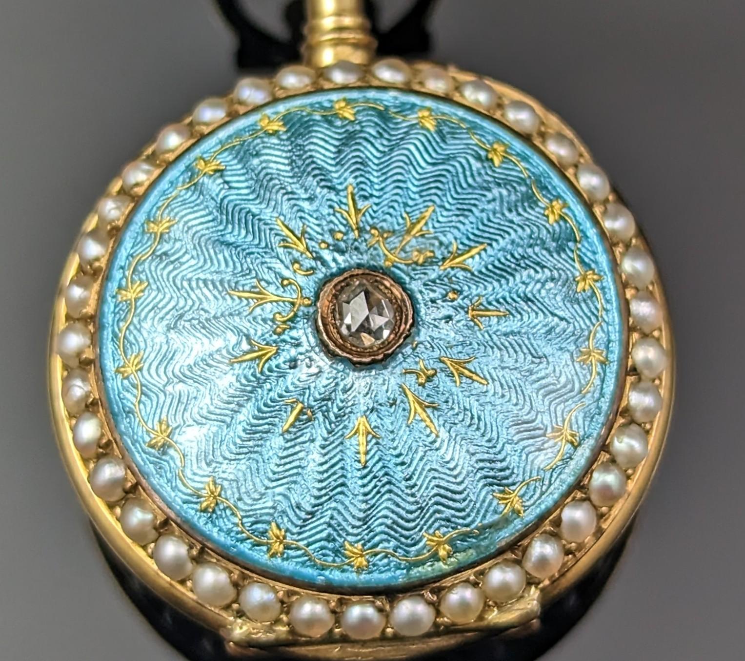 Antique Diamond and Pearl Fob Watch, 18 Karat Gold, Guilloche Enamel 4