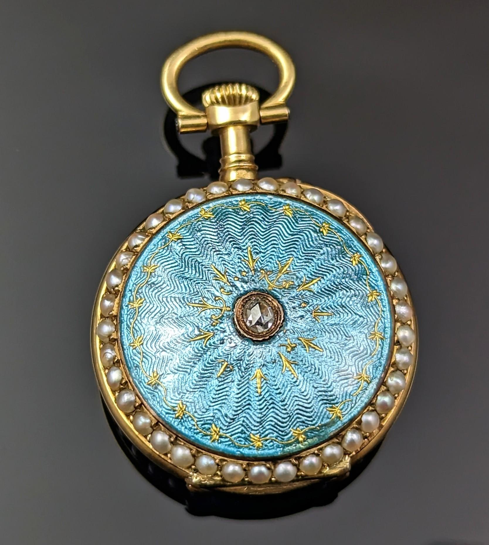 Antique Diamond and Pearl Fob Watch, 18 Karat Gold, Guilloche Enamel 5