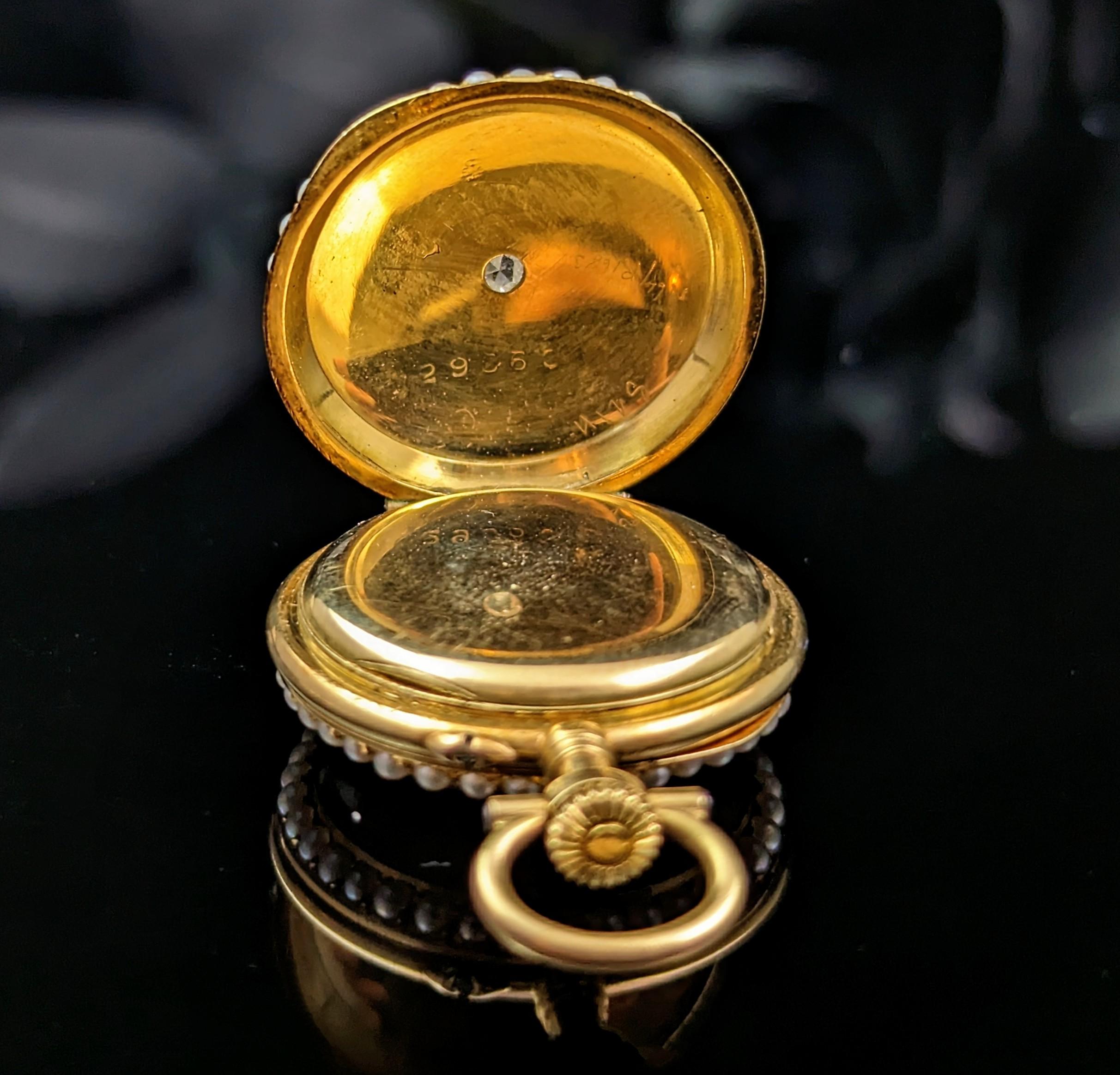 Antike Diamant- und Perlen-Anhängeruhr, 18k Gold, Guilloche-Emaille  9