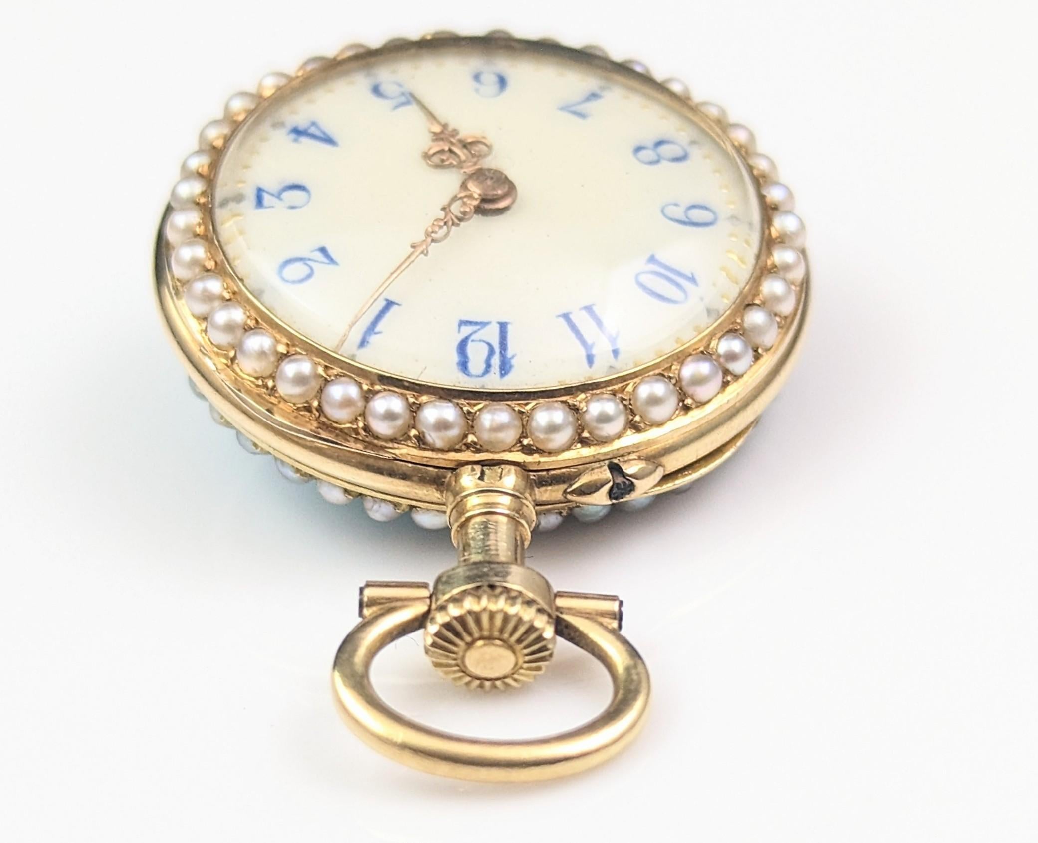 Antique Diamond and Pearl Fob Watch, 18 Karat Gold, Guilloche Enamel 7