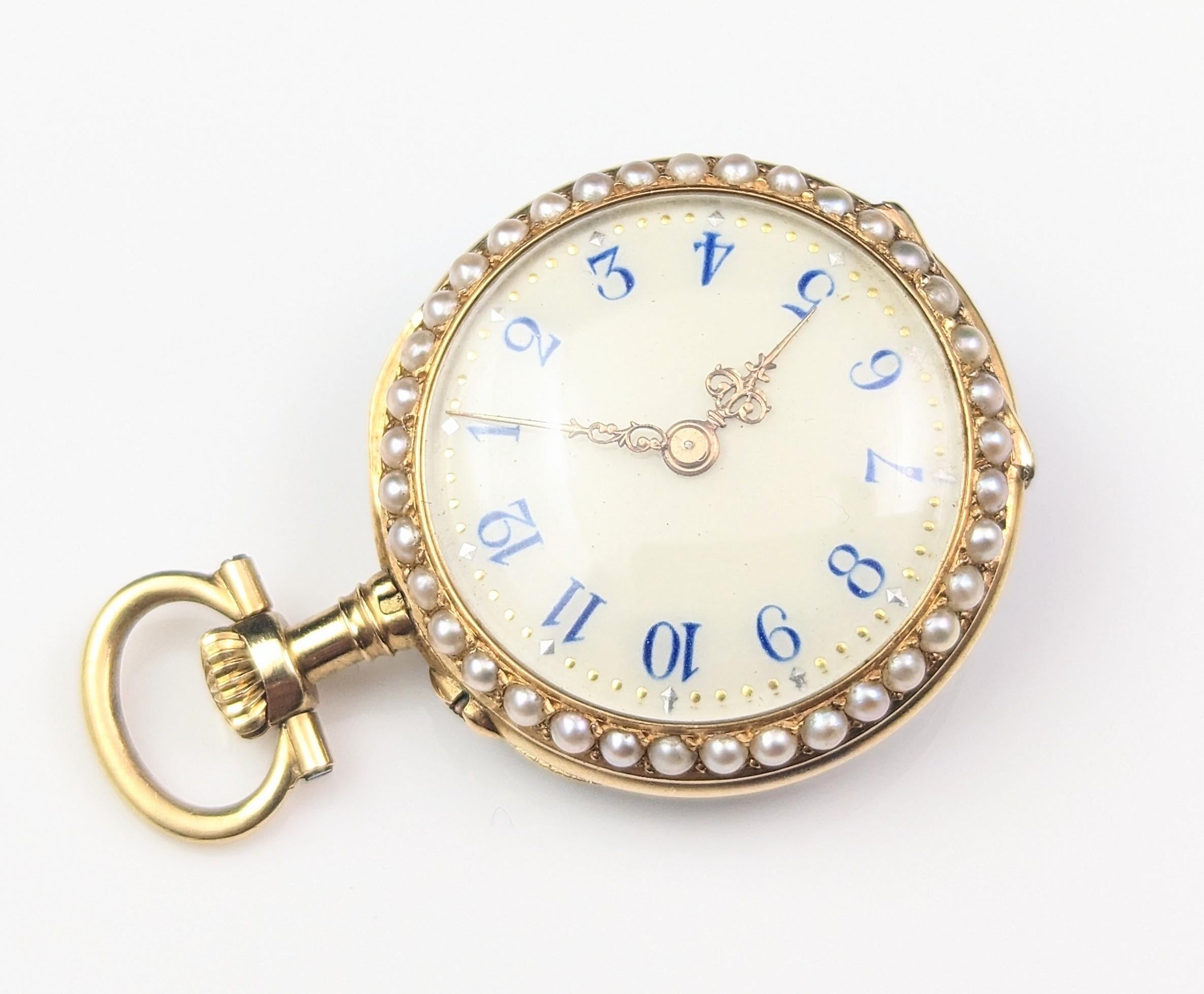 Antique Diamond and Pearl Fob Watch, 18 Karat Gold, Guilloche Enamel 8