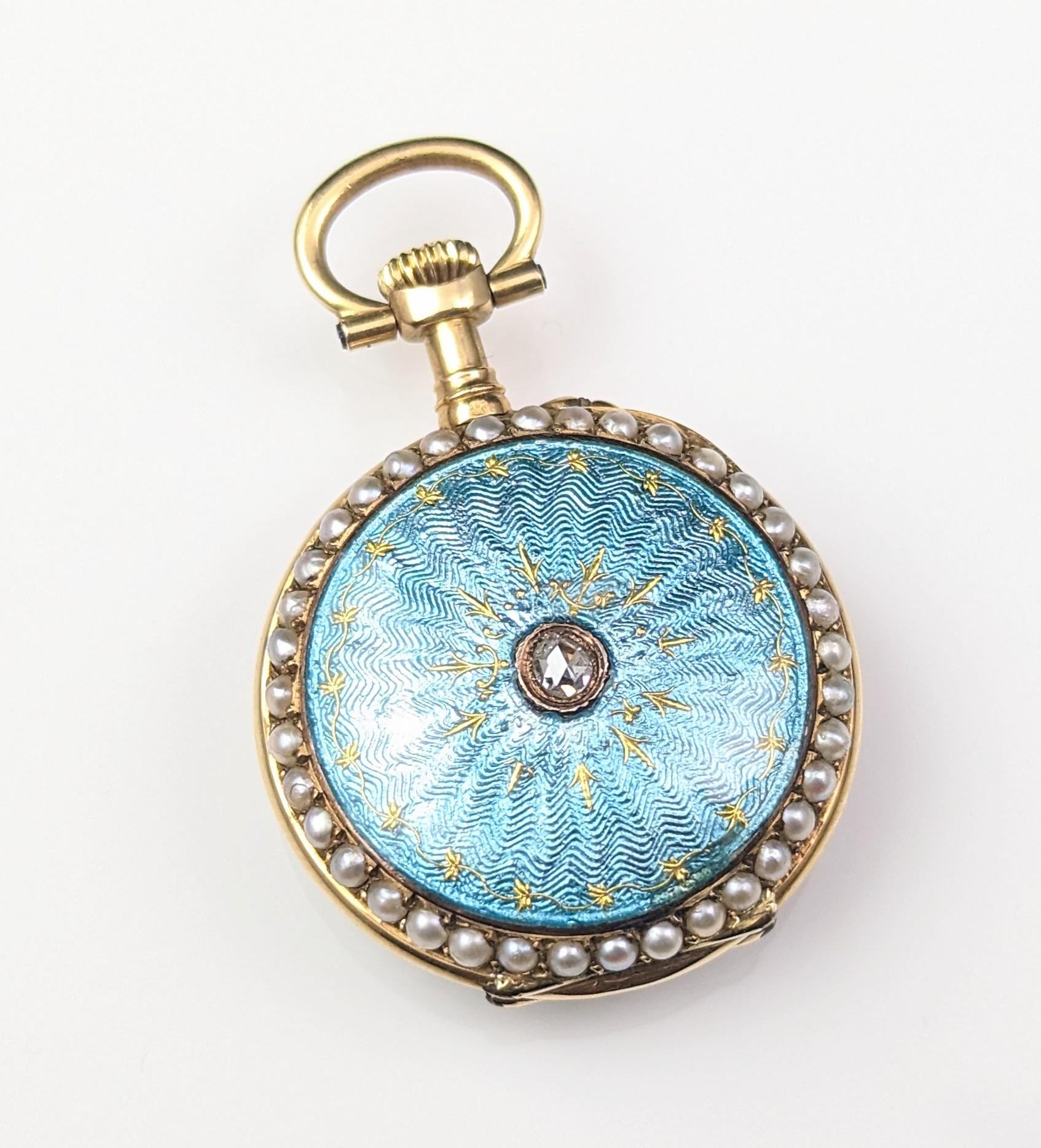 Antique Diamond and Pearl Fob Watch, 18 Karat Gold, Guilloche Enamel 9