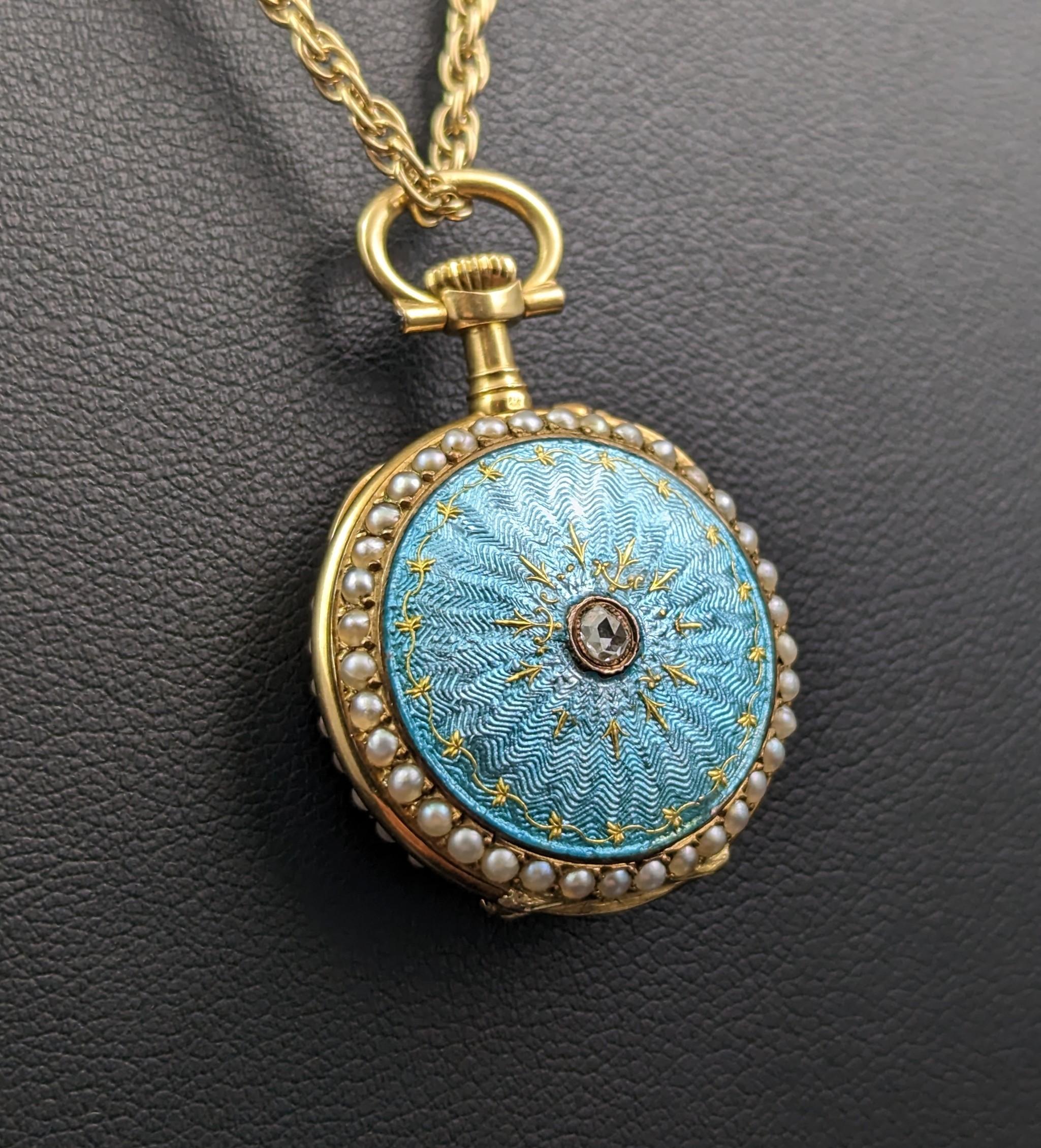 Antike Diamant- und Perlen-Anhängeruhr, 18k Gold, Guilloche-Emaille  (Art nouveau)