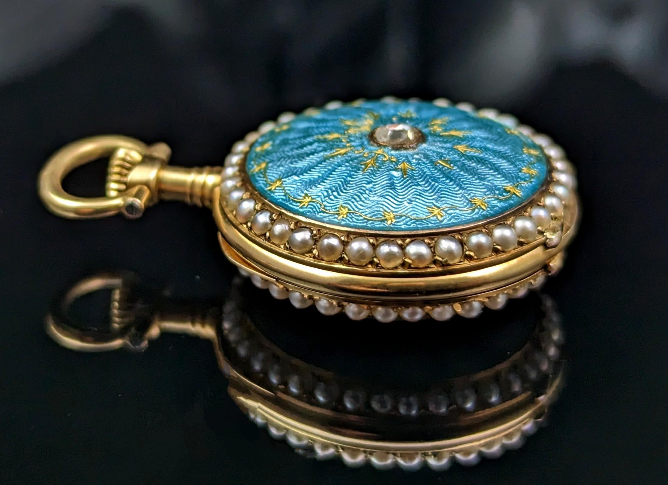 Art Nouveau Antique Diamond and Pearl Fob Watch, 18 Karat Gold, Guilloche Enamel
