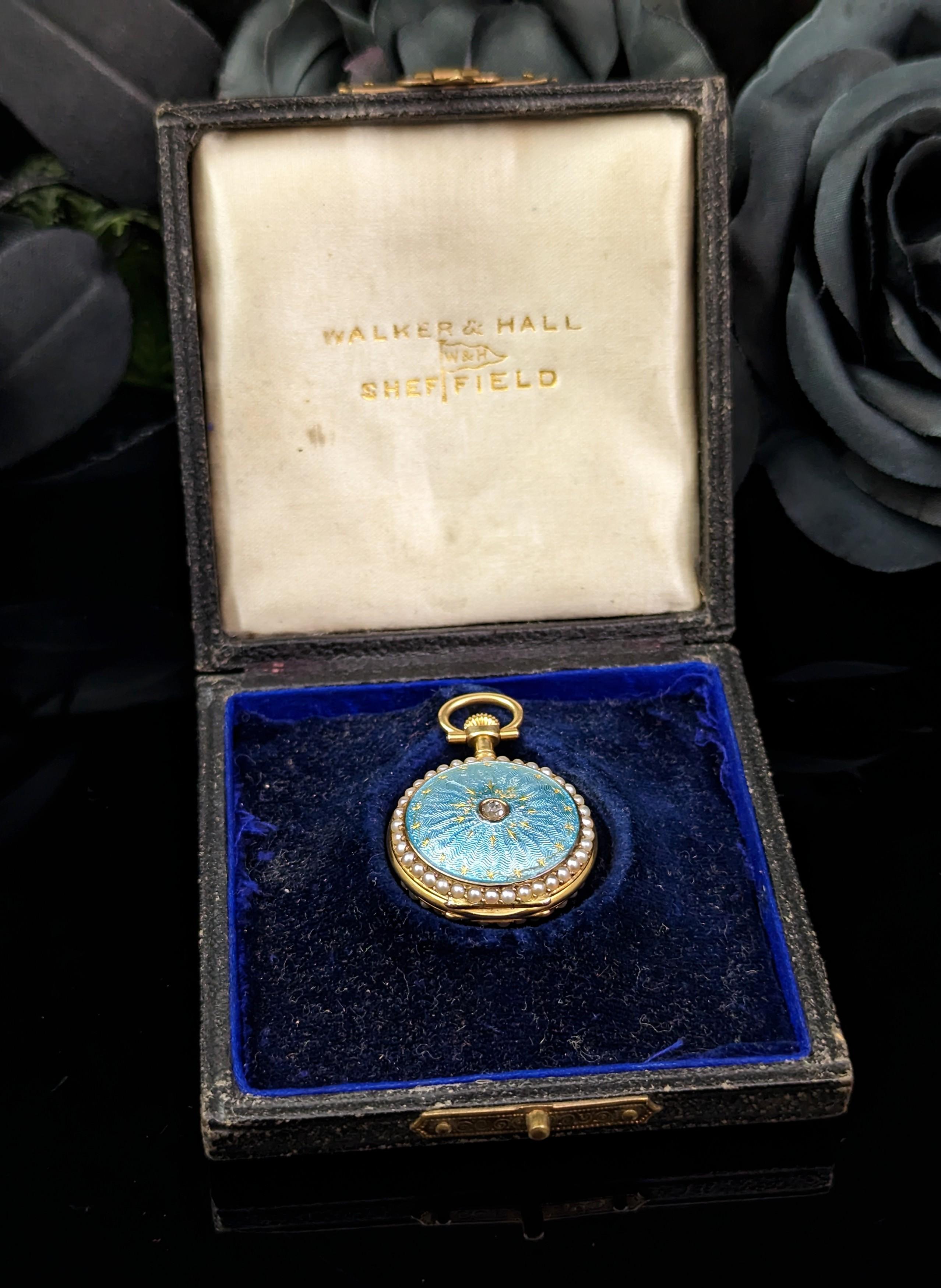 Rose Cut Antique Diamond and Pearl Fob Watch, 18 Karat Gold, Guilloche Enamel