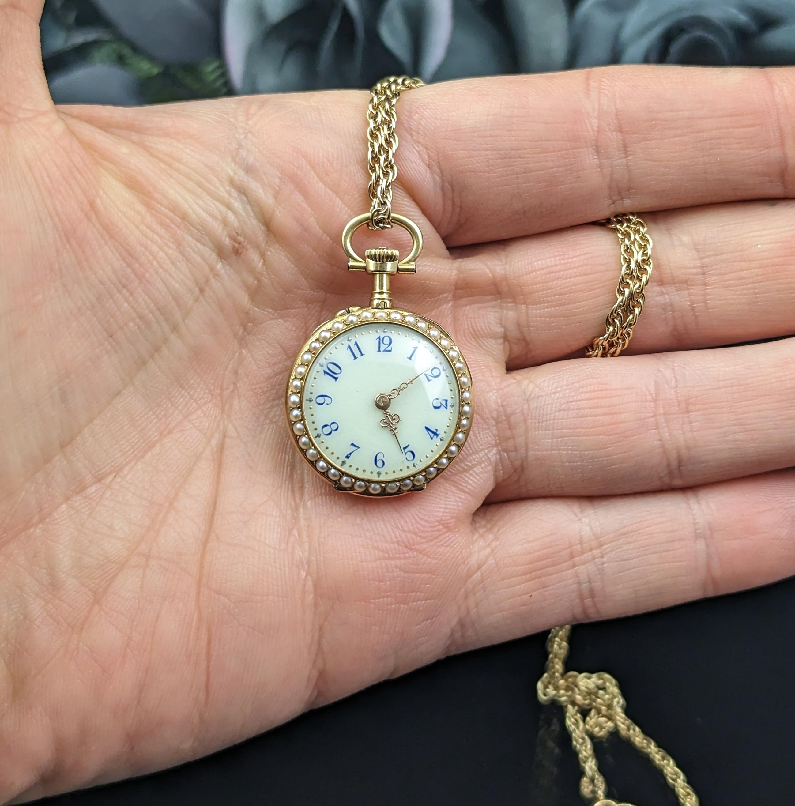 Antique Diamond and Pearl Fob Watch, 18 Karat Gold, Guilloche Enamel In Good Condition In NEWARK, GB