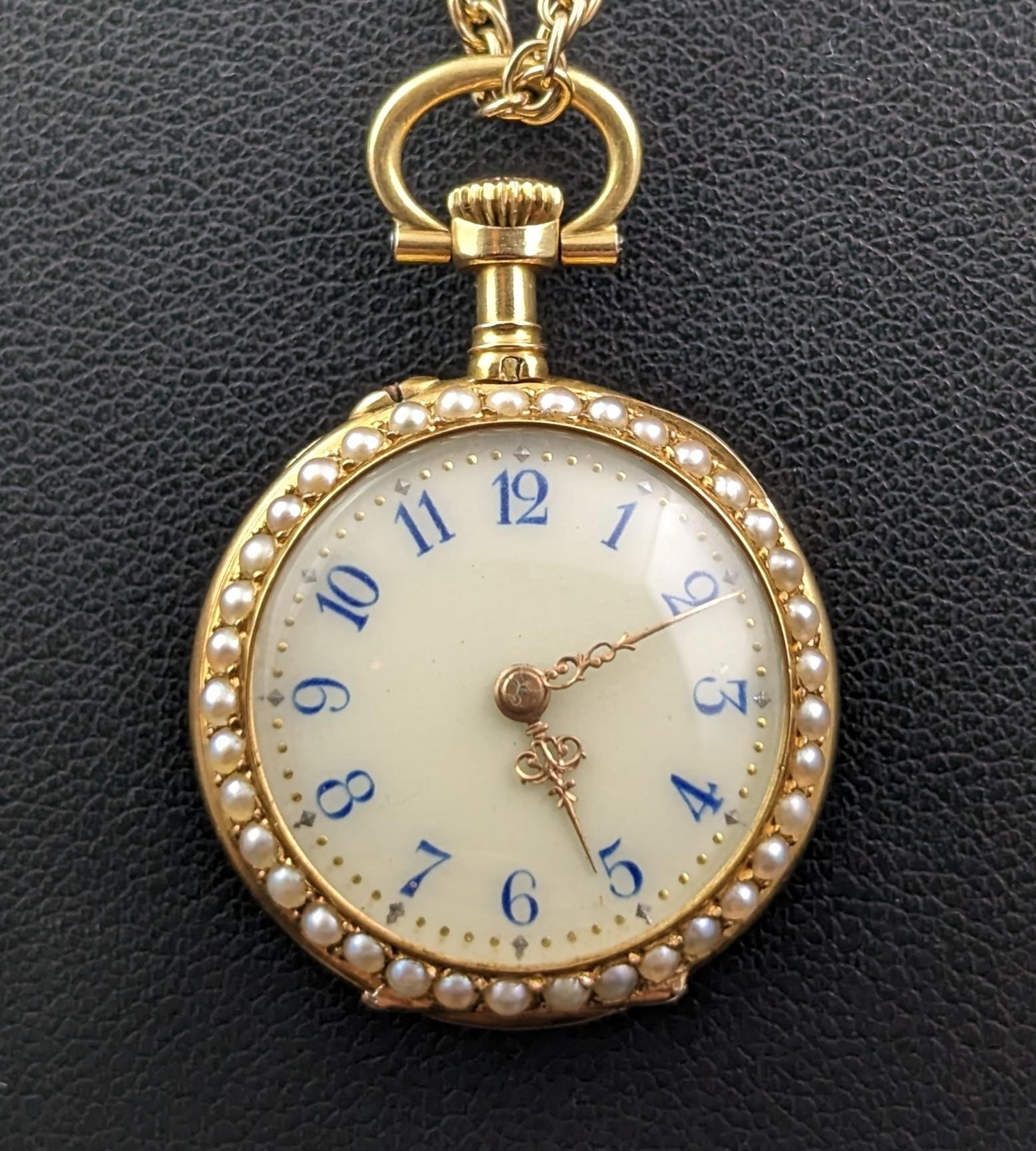 Women's Antique Diamond and Pearl Fob Watch, 18 Karat Gold, Guilloche Enamel