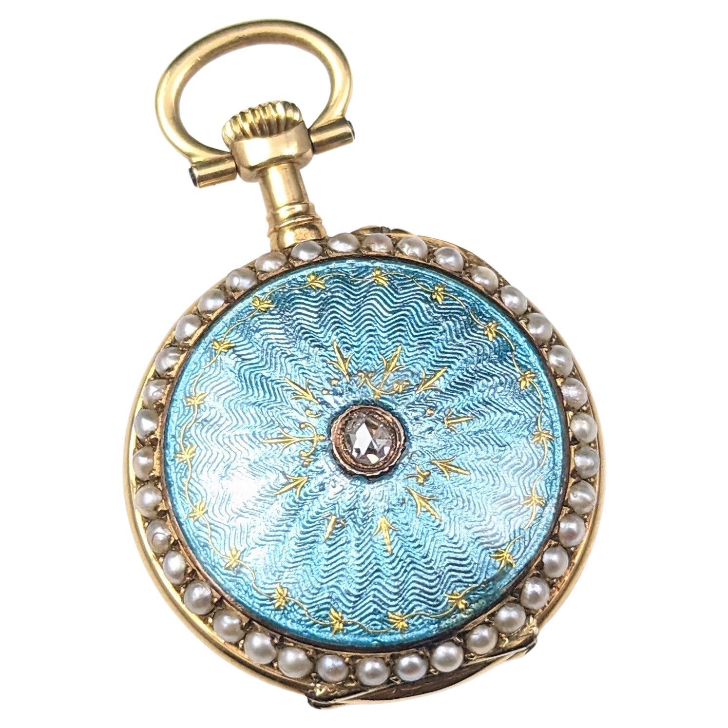 Montre-bracelet ancienne en diamant et perle, or 18k, émail guilloché 