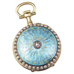 Antique Diamond and Pearl Fob Watch, 18 Karat Gold, Guilloche Enamel