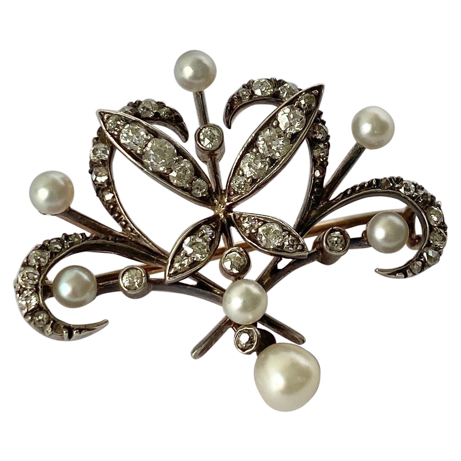Antique Diamond and Pearl Gold Brooch For Sale