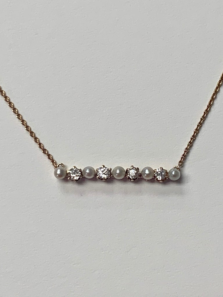 Antique Diamond and Pearl Necklace in 14K Gold For Sale at 1stDibs