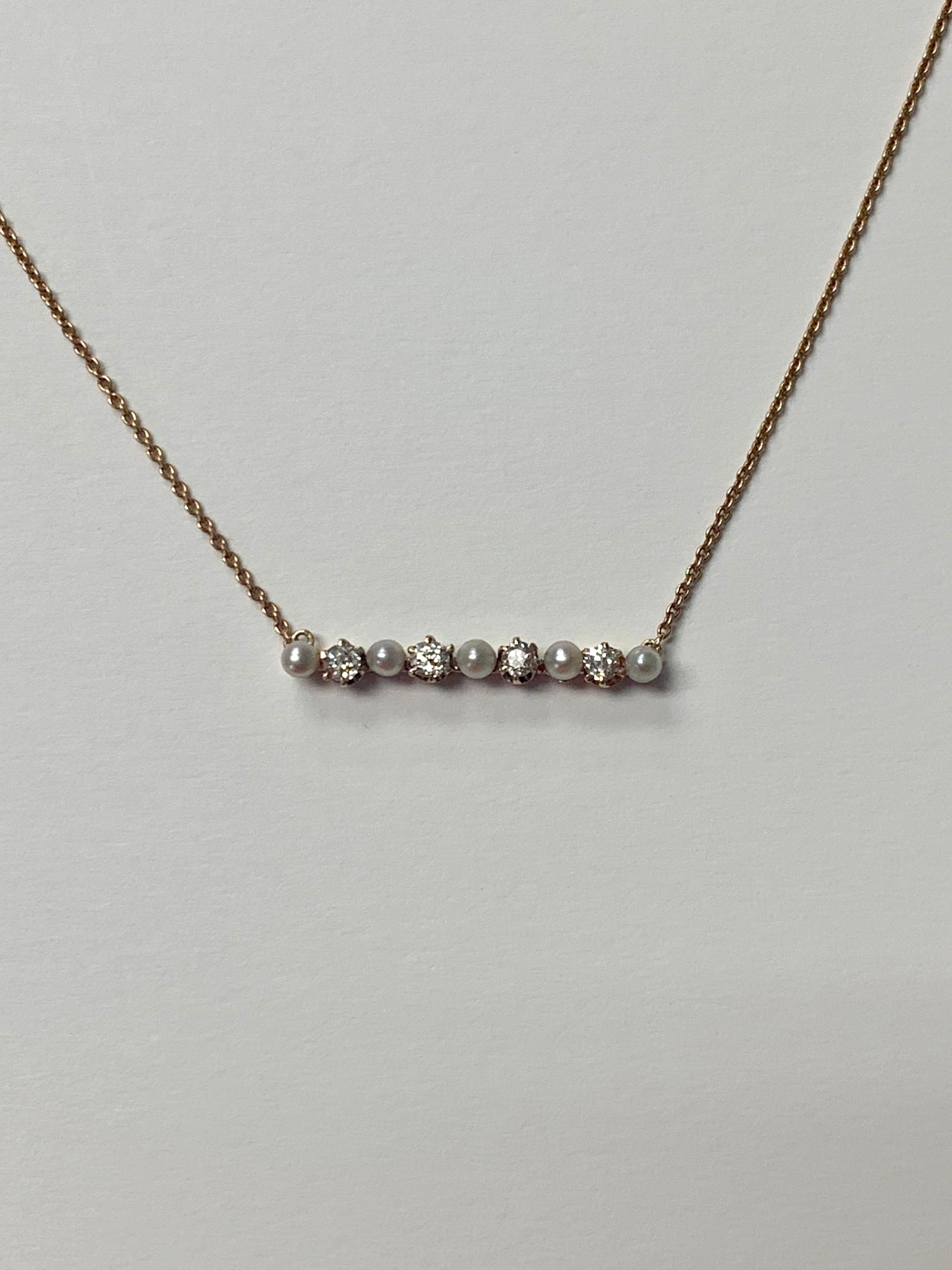 Antike Diamant- und Perlenkette aus 14K Gold (Rundschliff) im Angebot