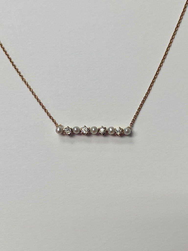 Antique Diamond and Pearl Necklace in 14K Gold For Sale at 1stDibs