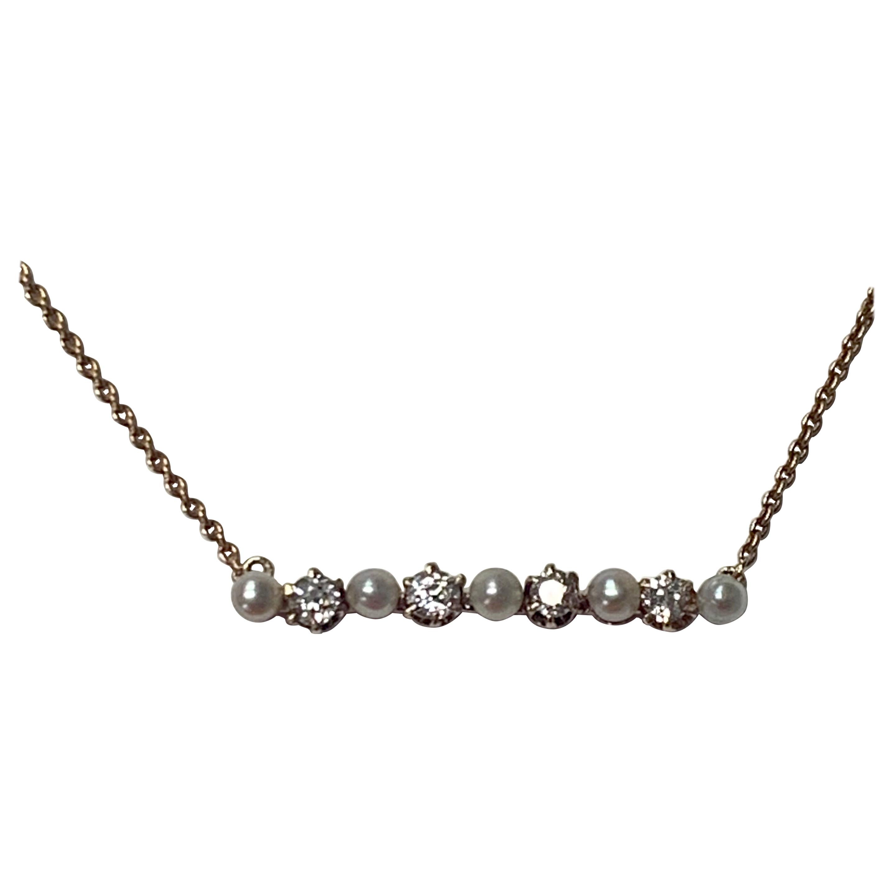 Antique Diamond and Pearl Necklace in 14K Gold For Sale