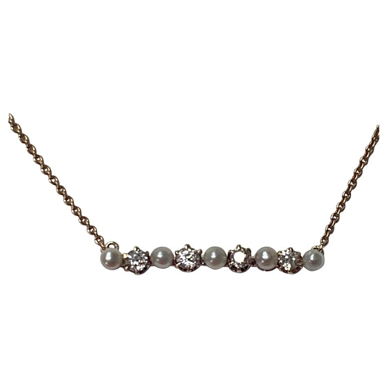 Antique Diamond and Pearl Necklace in 14K Gold For Sale at 1stDibs