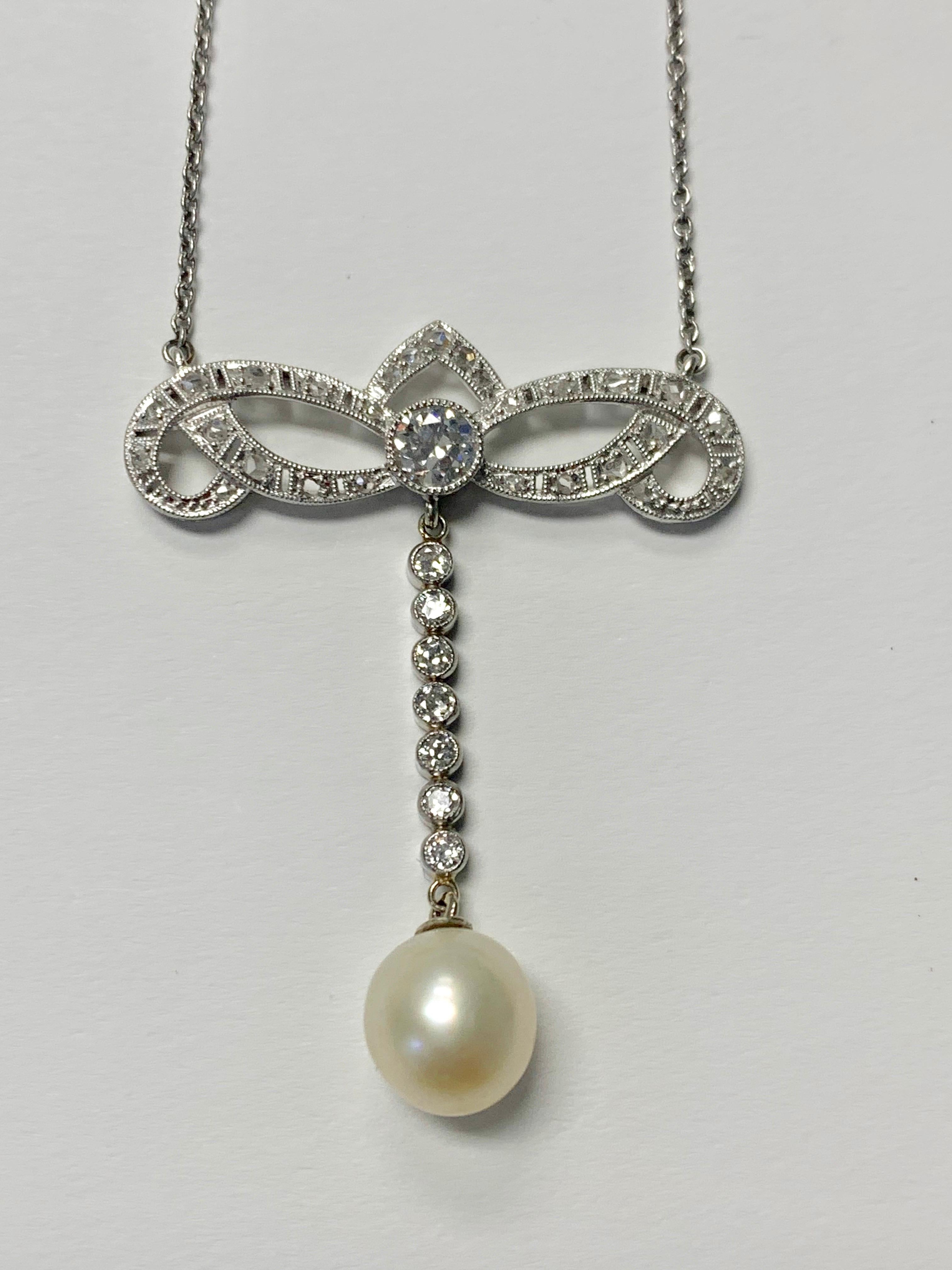 Round Cut Antique Diamond and Pearl Necklace in Platinum and 18k White Gold For Sale