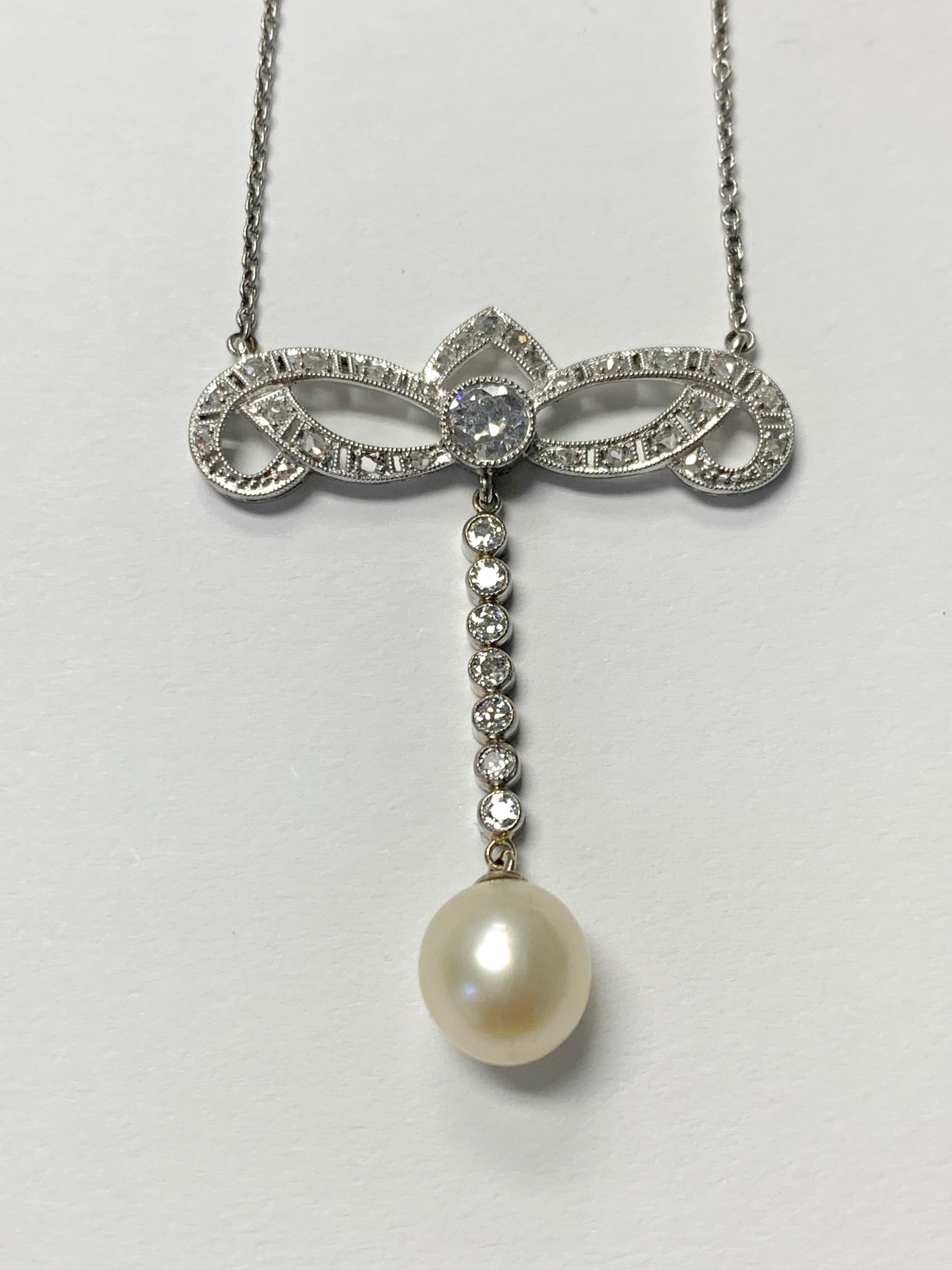 Women's Antique Diamond and Pearl Necklace in Platinum and 18k White Gold For Sale