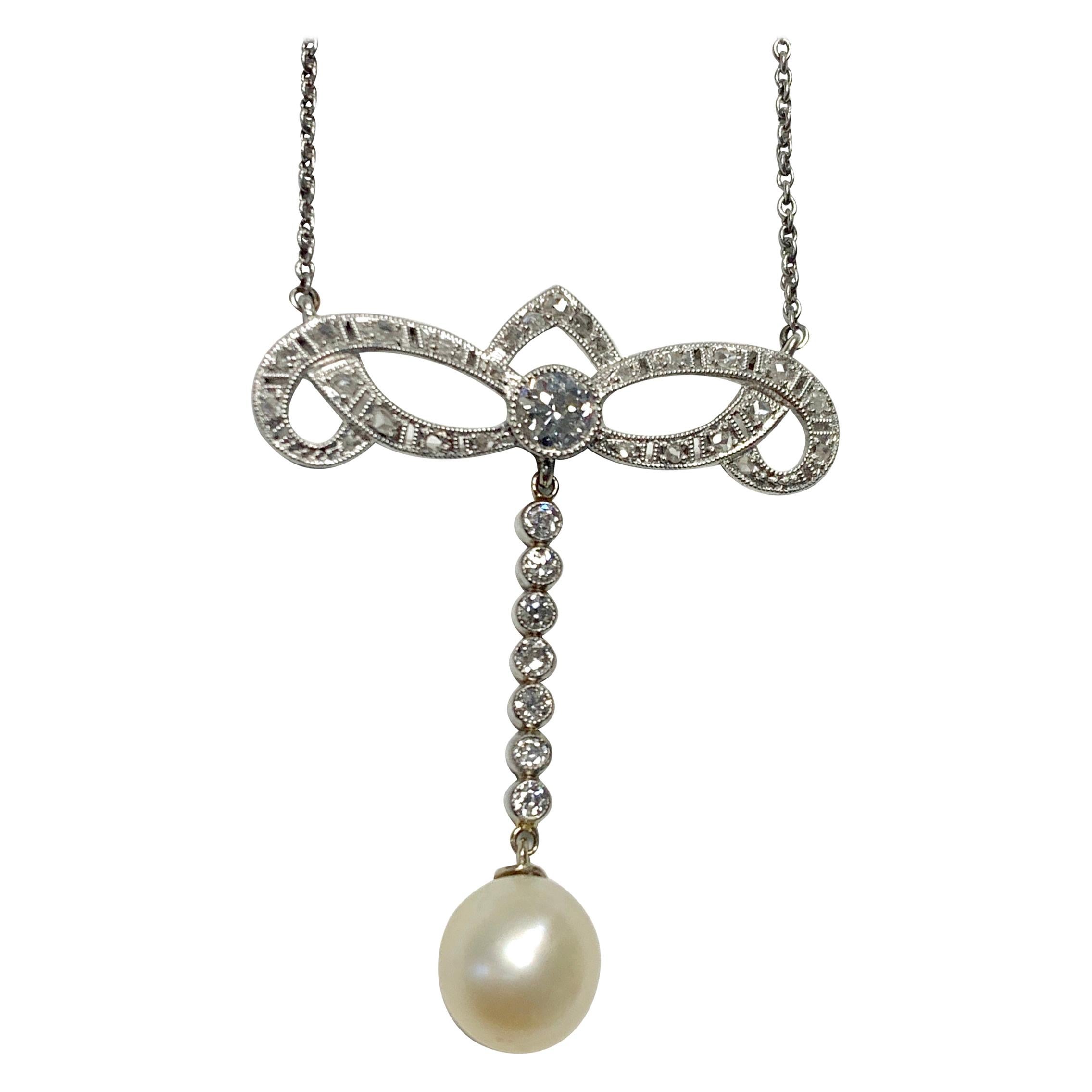 Antique Diamond and Pearl Necklace in Platinum and 18k White Gold For Sale
