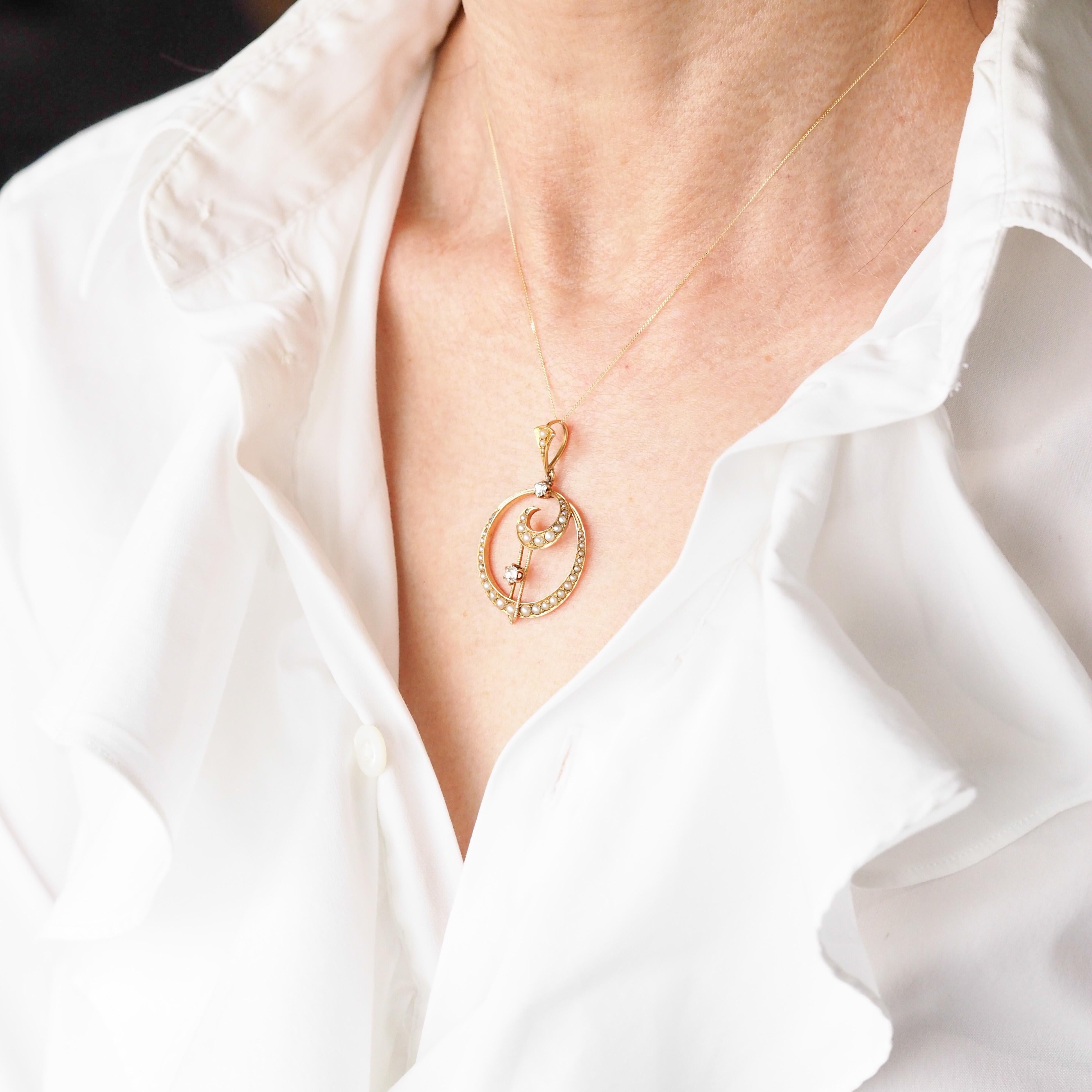 Antique Diamond and Pearl Pendant Necklace 14K Gold Double Crescent Moon c.1900 4