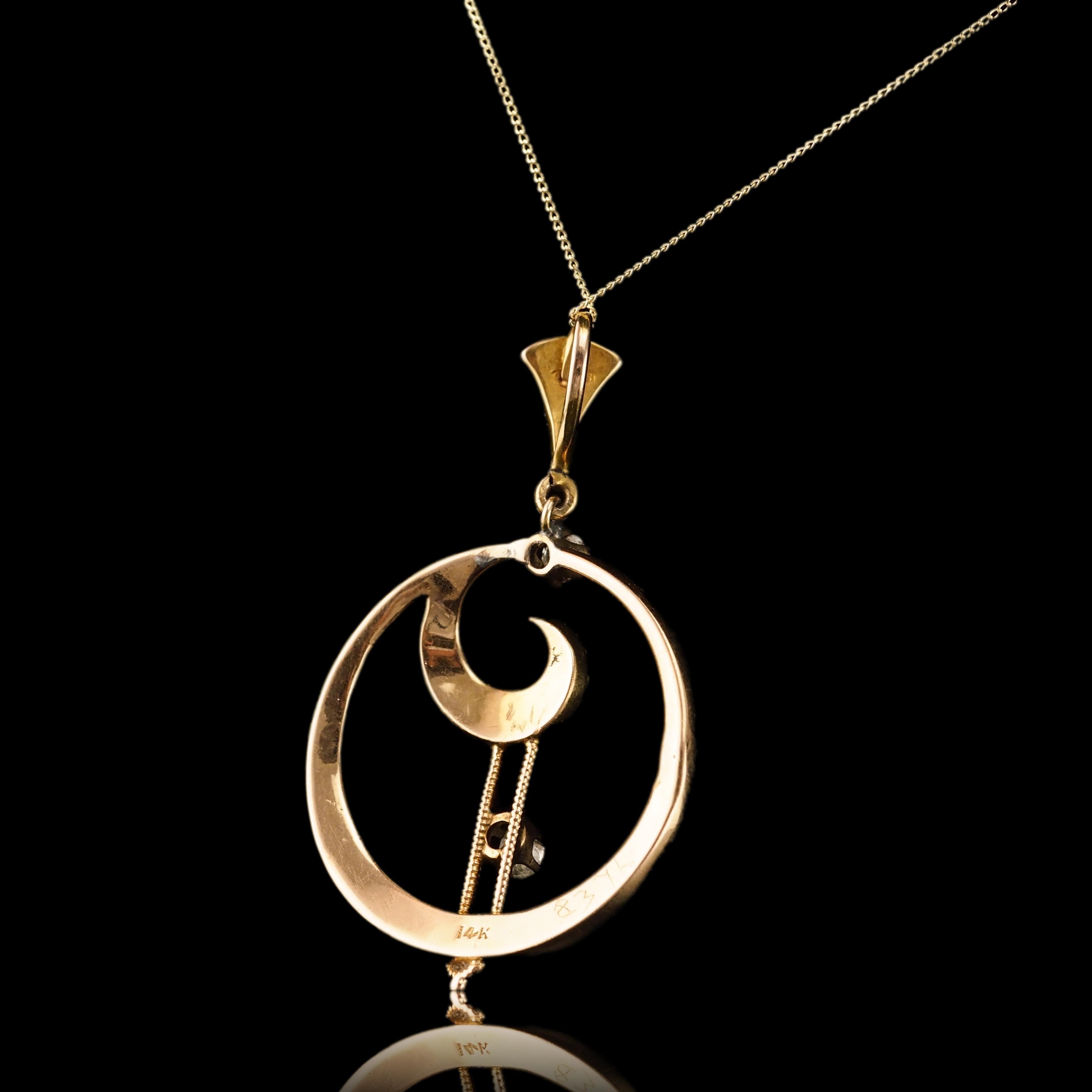 Antique Diamond and Pearl Pendant Necklace 14K Gold Double Crescent Moon c.1900 5