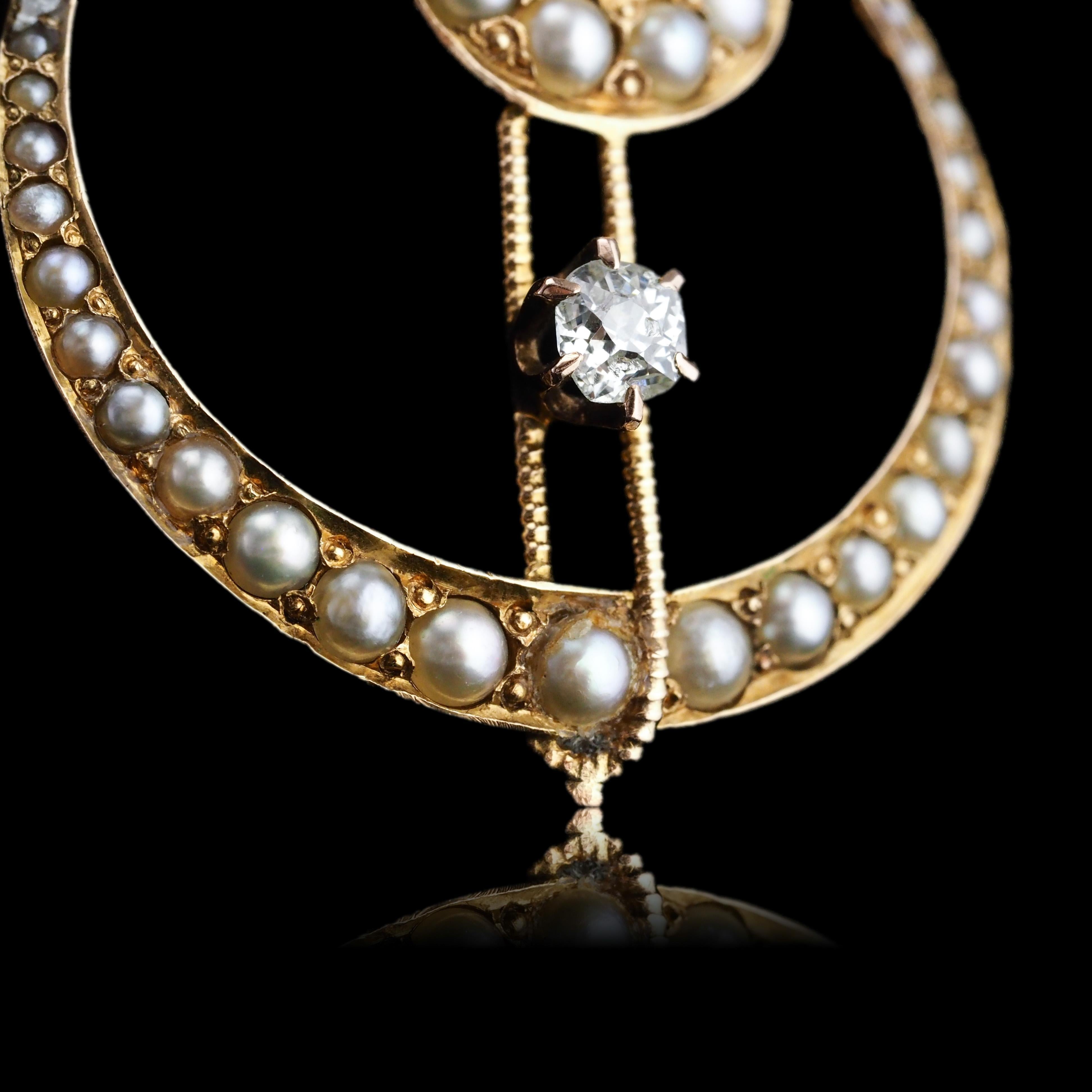 Antique Diamond and Pearl Pendant Necklace 14K Gold Double Crescent Moon c.1900 6