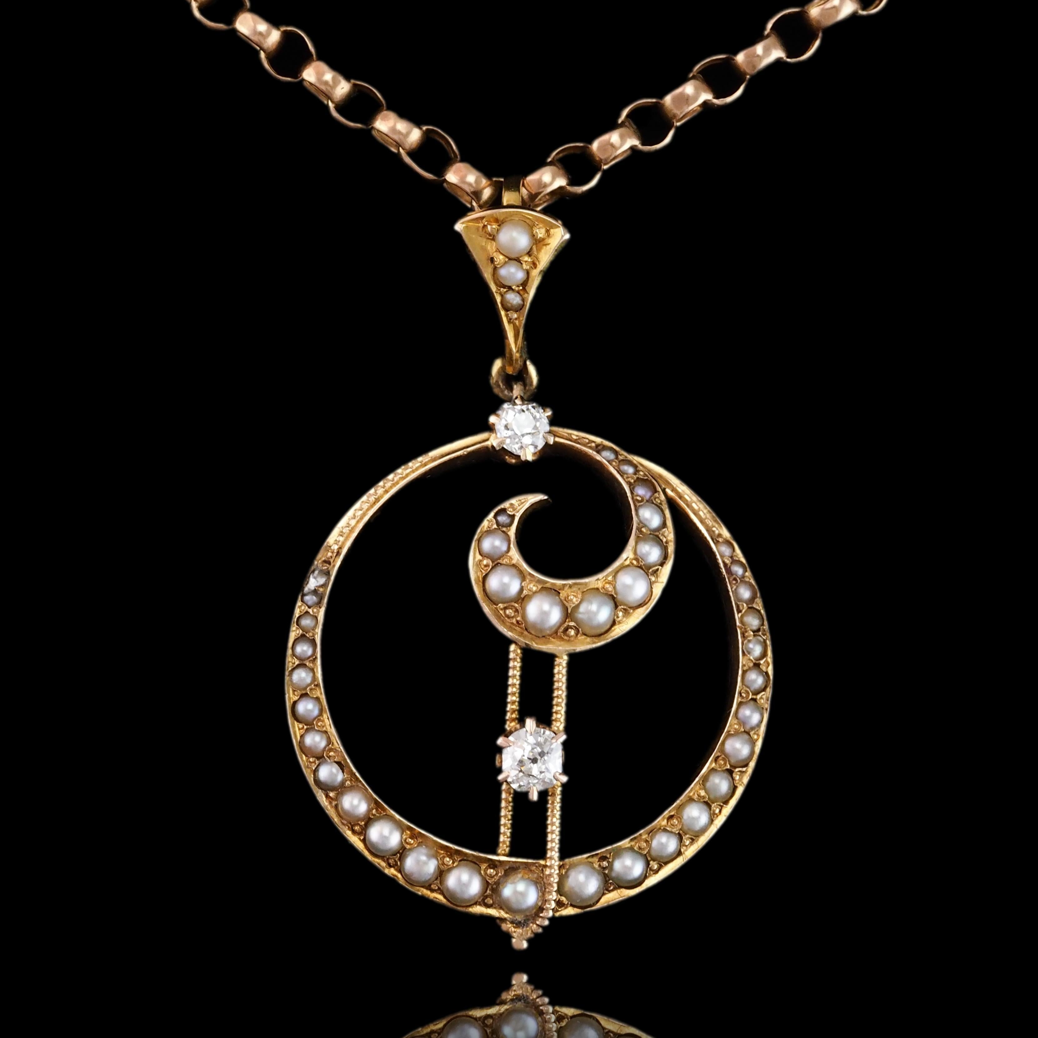 Antique Diamond and Pearl Pendant Necklace 14K Gold Double Crescent Moon c.1900 7