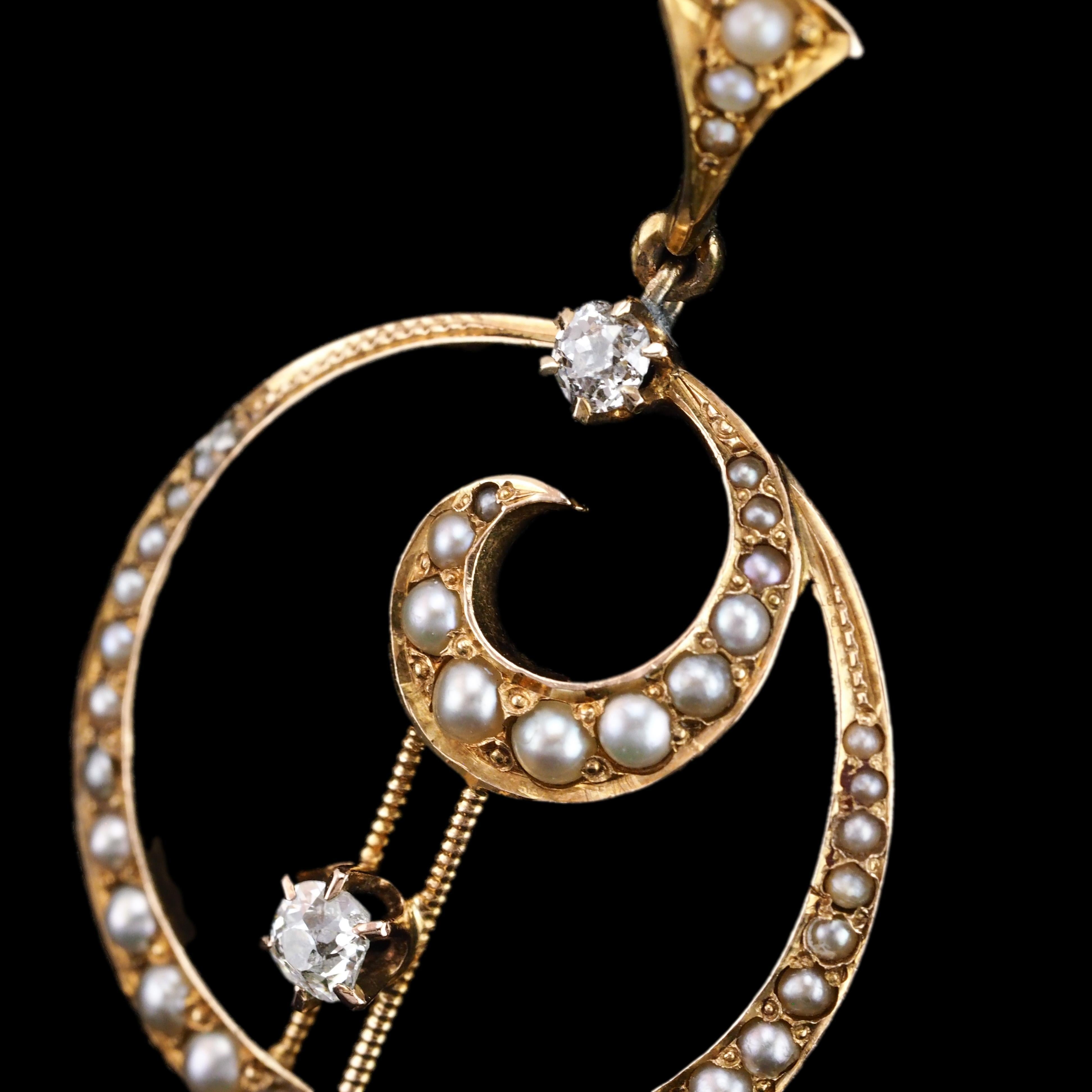 Antique Diamond and Pearl Pendant Necklace 14K Gold Double Crescent Moon c.1900 8