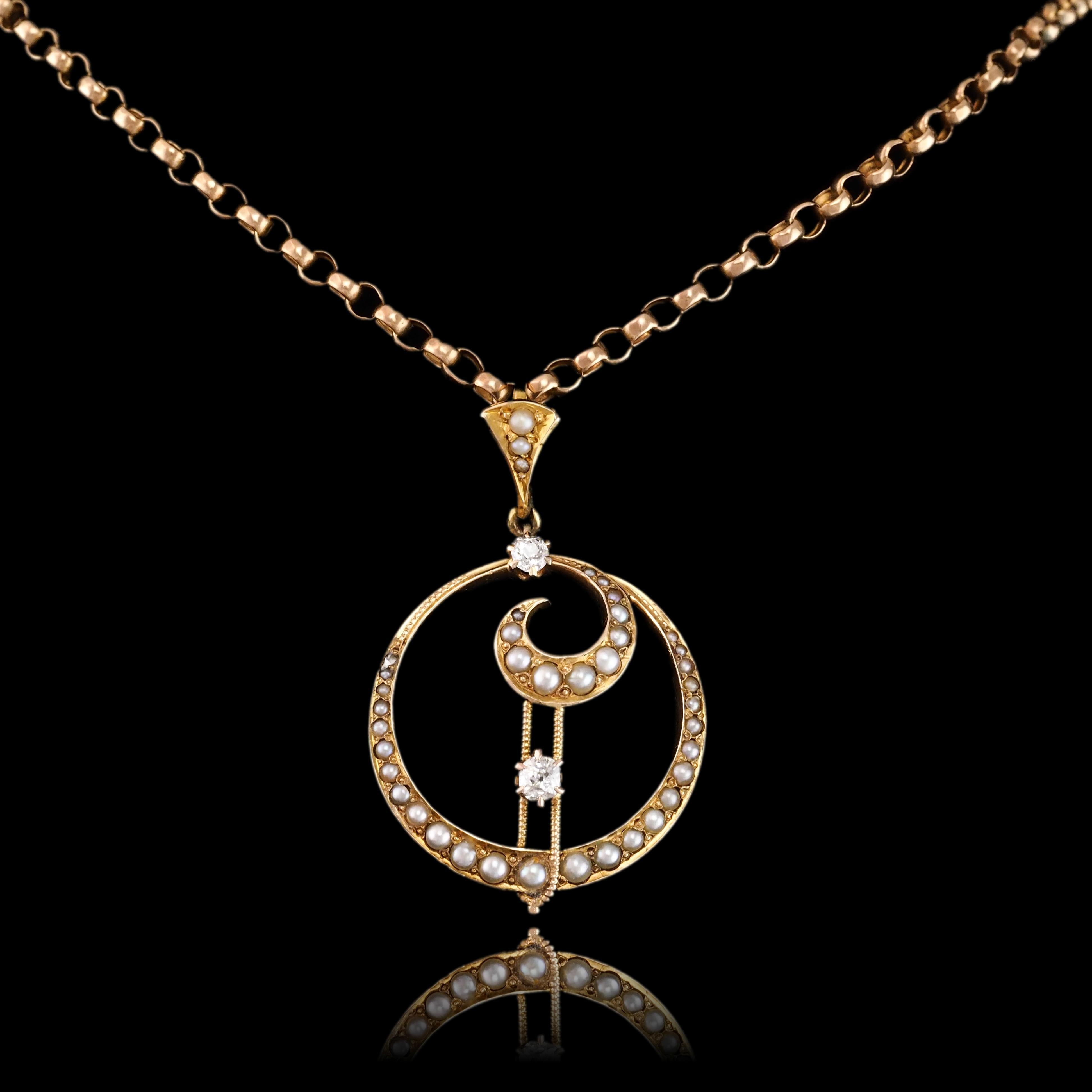 Late Victorian Antique Diamond and Pearl Pendant Necklace 14K Gold Double Crescent Moon c.1900