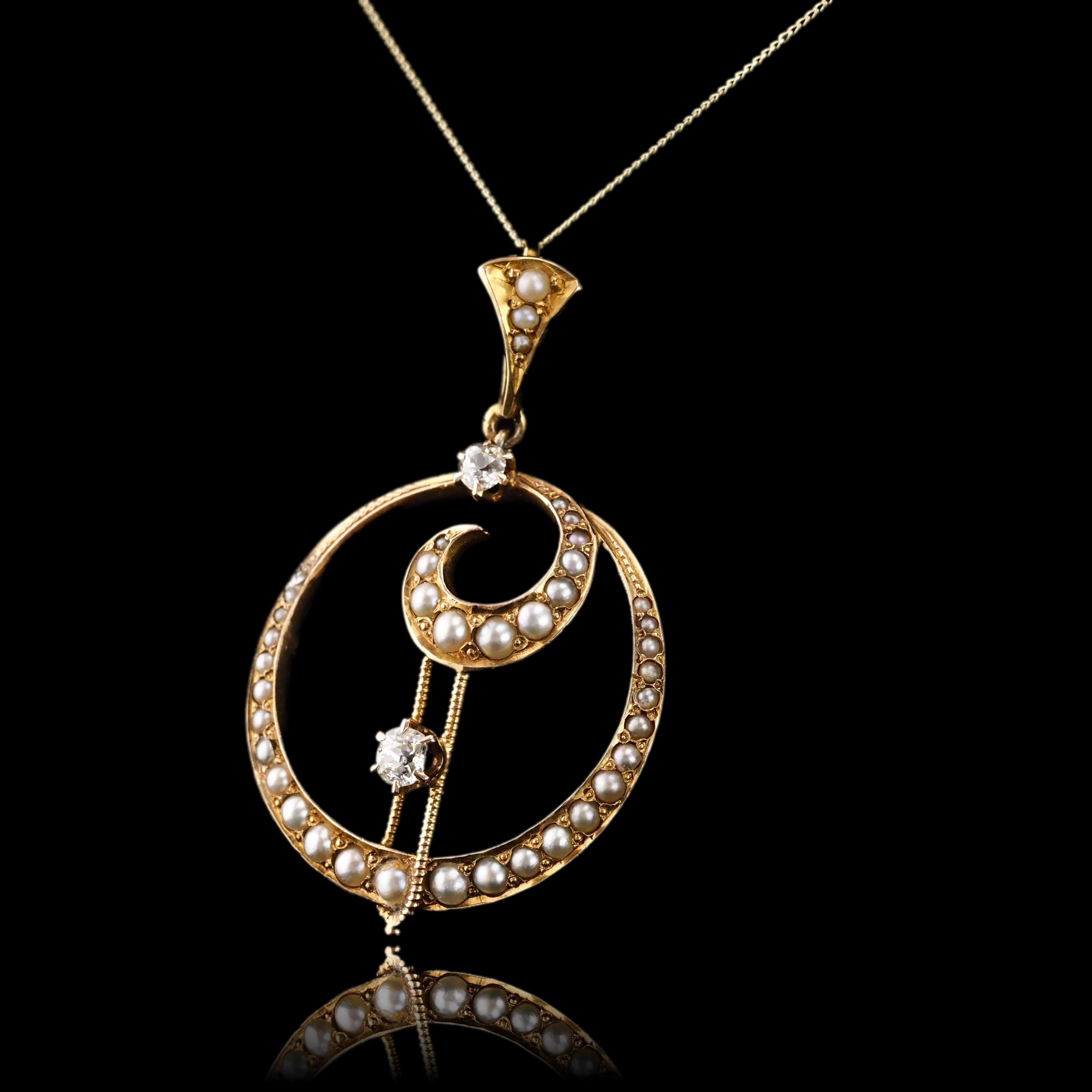 Old European Cut Antique Diamond and Pearl Pendant Necklace 14K Gold Double Crescent Moon c.1900