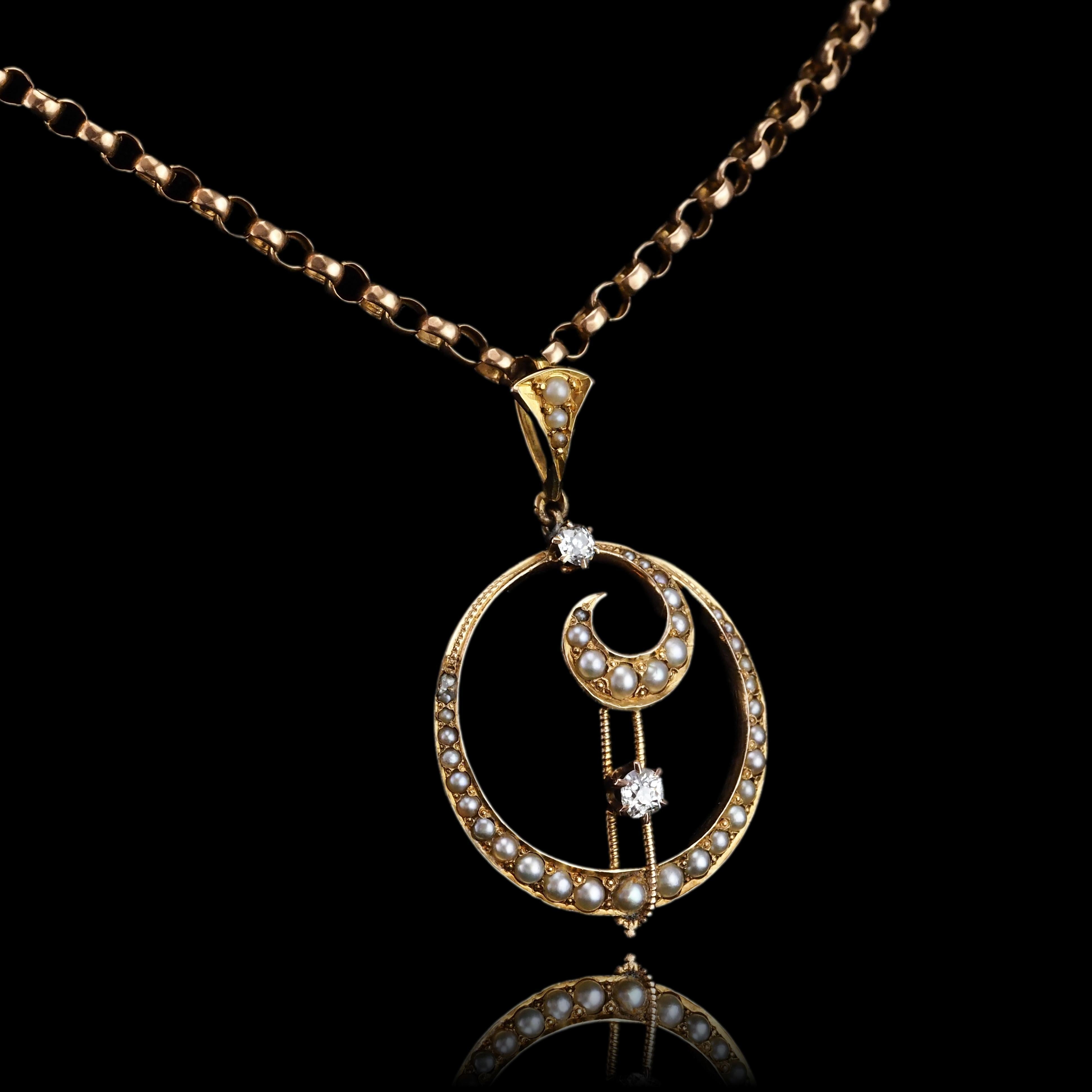 Women's Antique Diamond and Pearl Pendant Necklace 14K Gold Double Crescent Moon c.1900