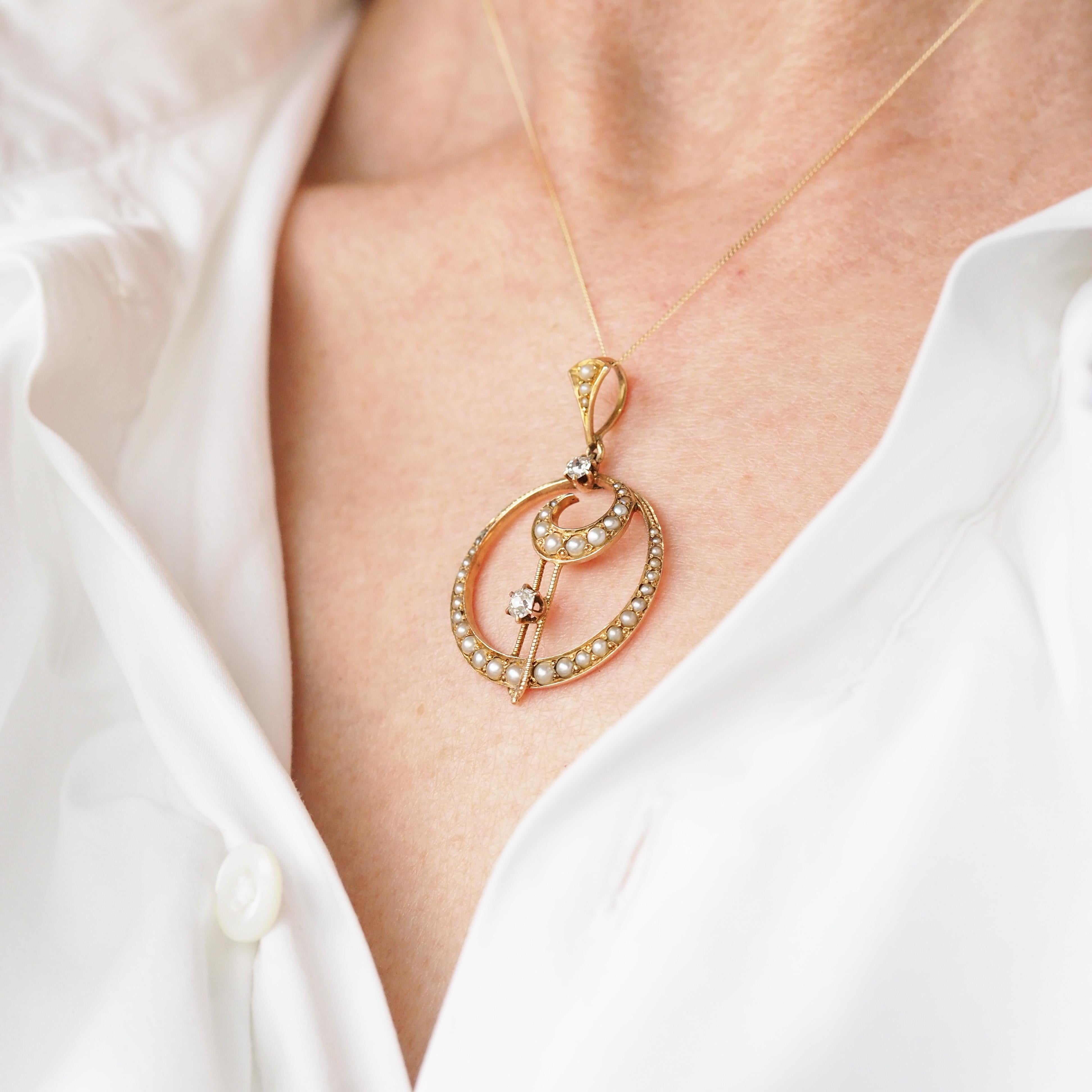 Antique Diamond and Pearl Pendant Necklace 14K Gold Double Crescent Moon c.1900 1