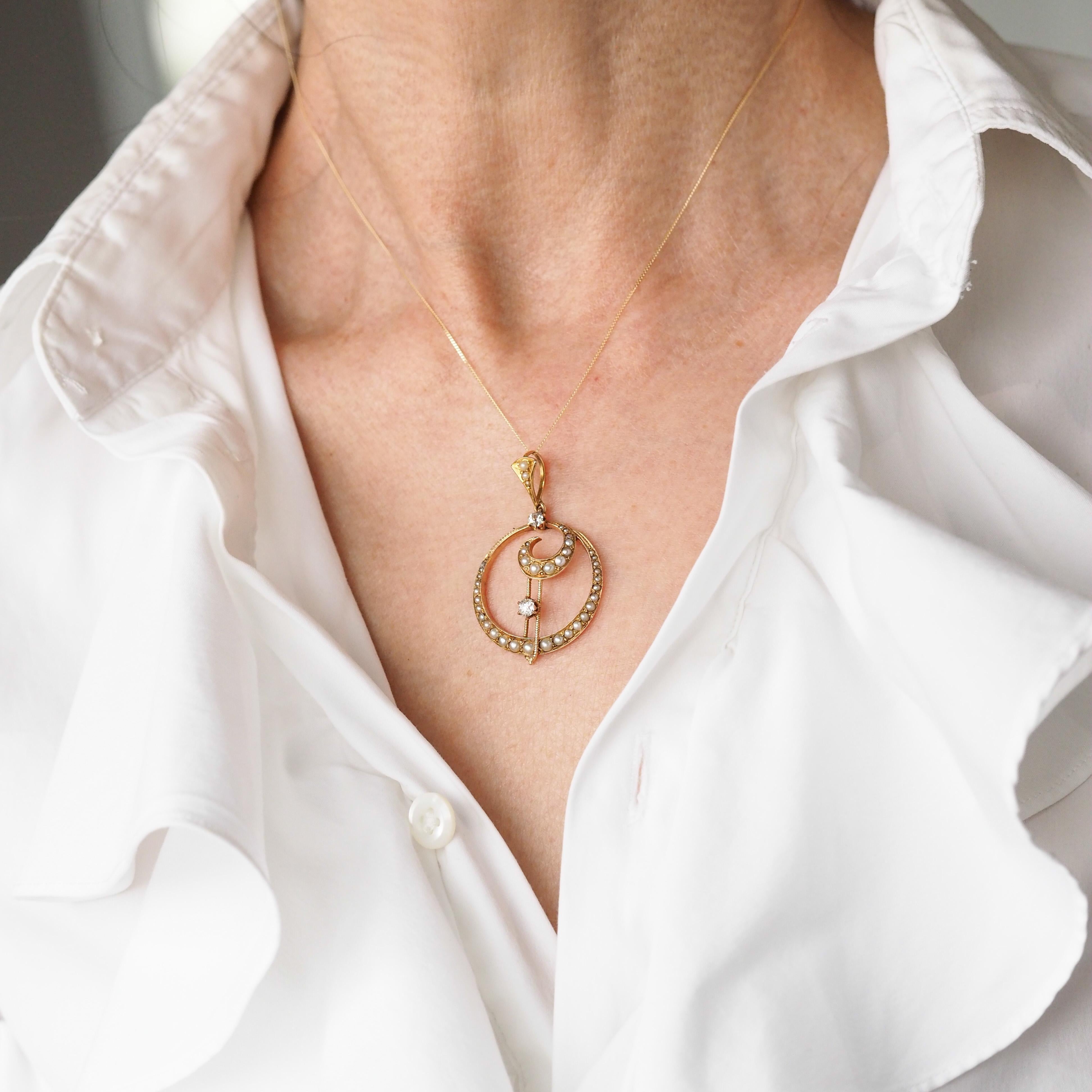 Antique Diamond and Pearl Pendant Necklace 14K Gold Double Crescent Moon c.1900 2