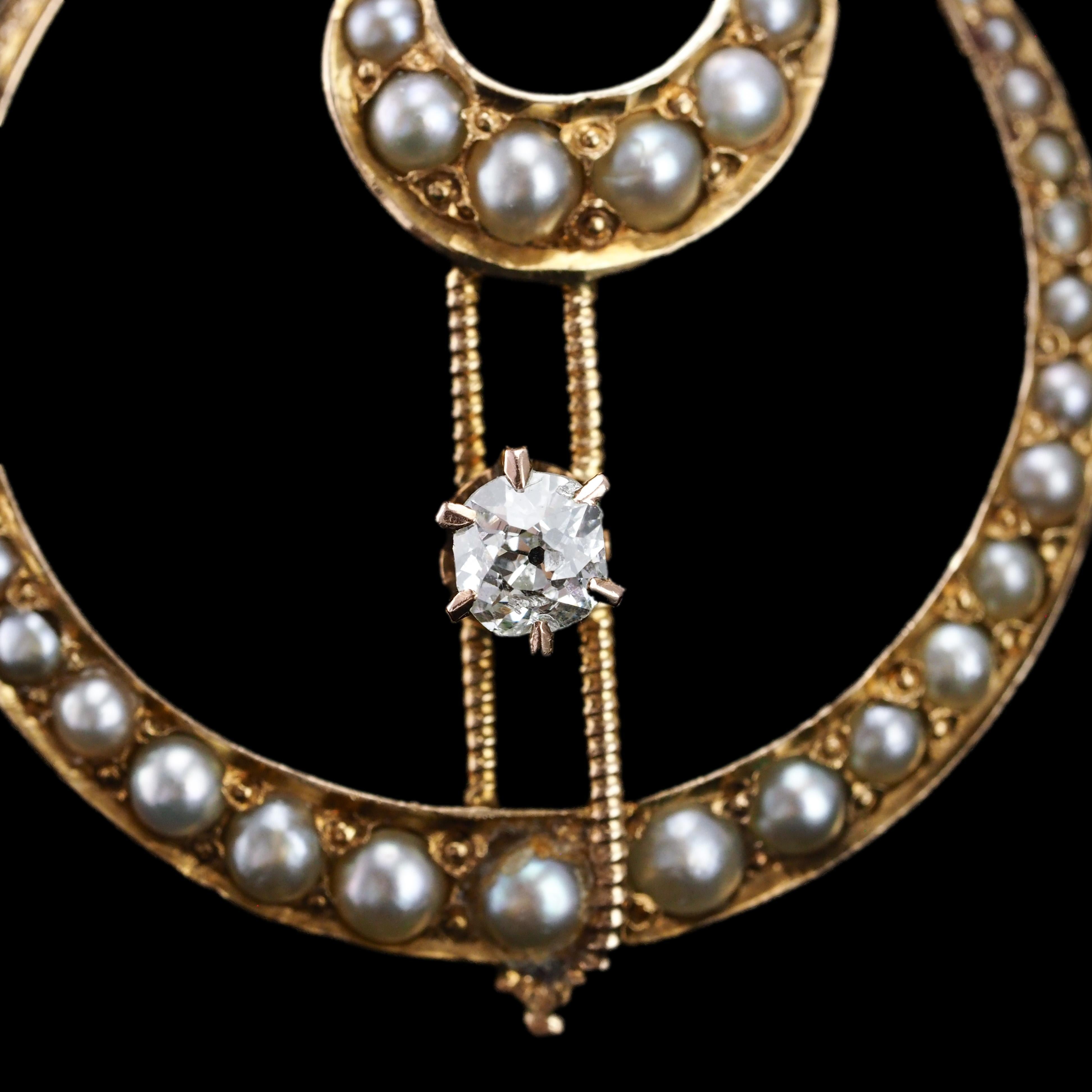 Antique Diamond and Pearl Pendant Necklace 14K Gold Double Crescent Moon c.1900 3