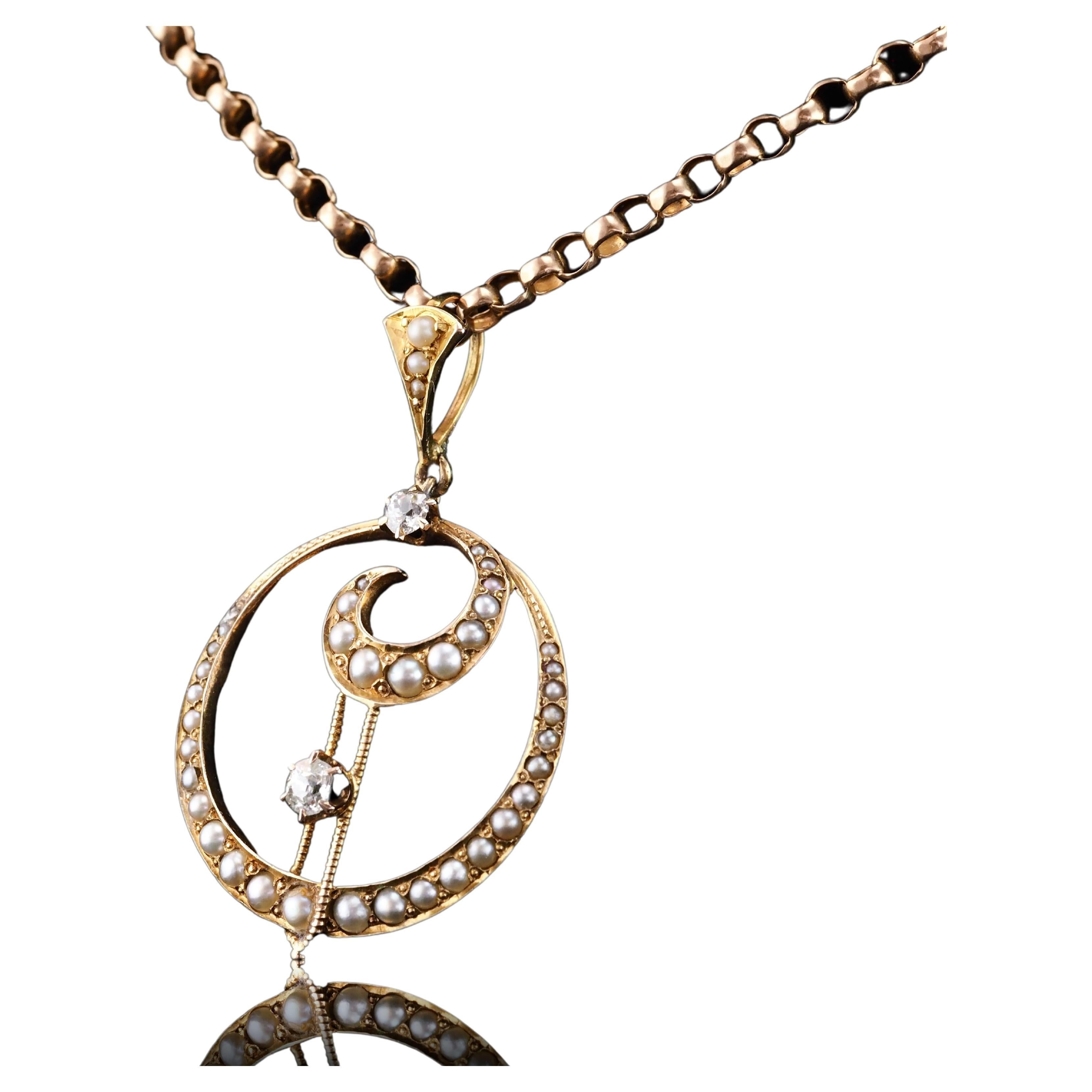 Antique Diamond and Pearl Pendant Necklace 14K Gold Double Crescent Moon c.1900