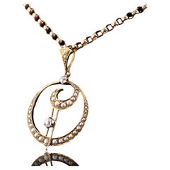 Antique Diamond and Pearl Pendant Necklace 14K Gold Double Crescent Moon c.1900