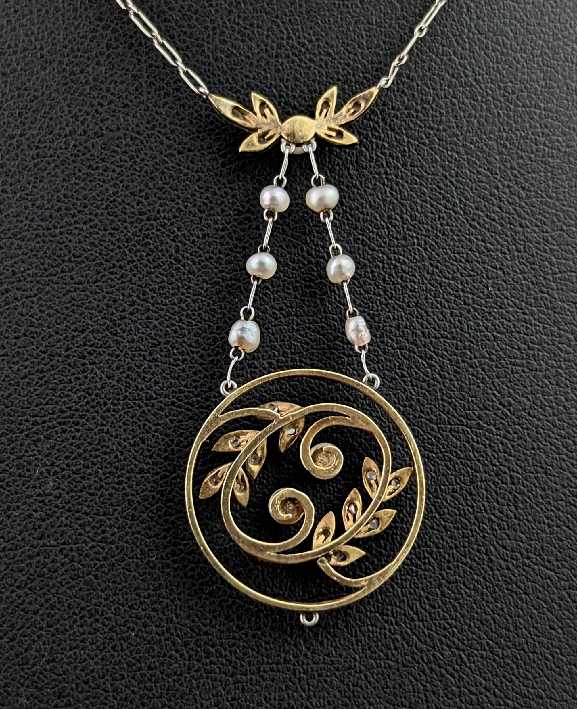 Antique Diamond and Pearl pendant necklace, Edwardian For Sale 7