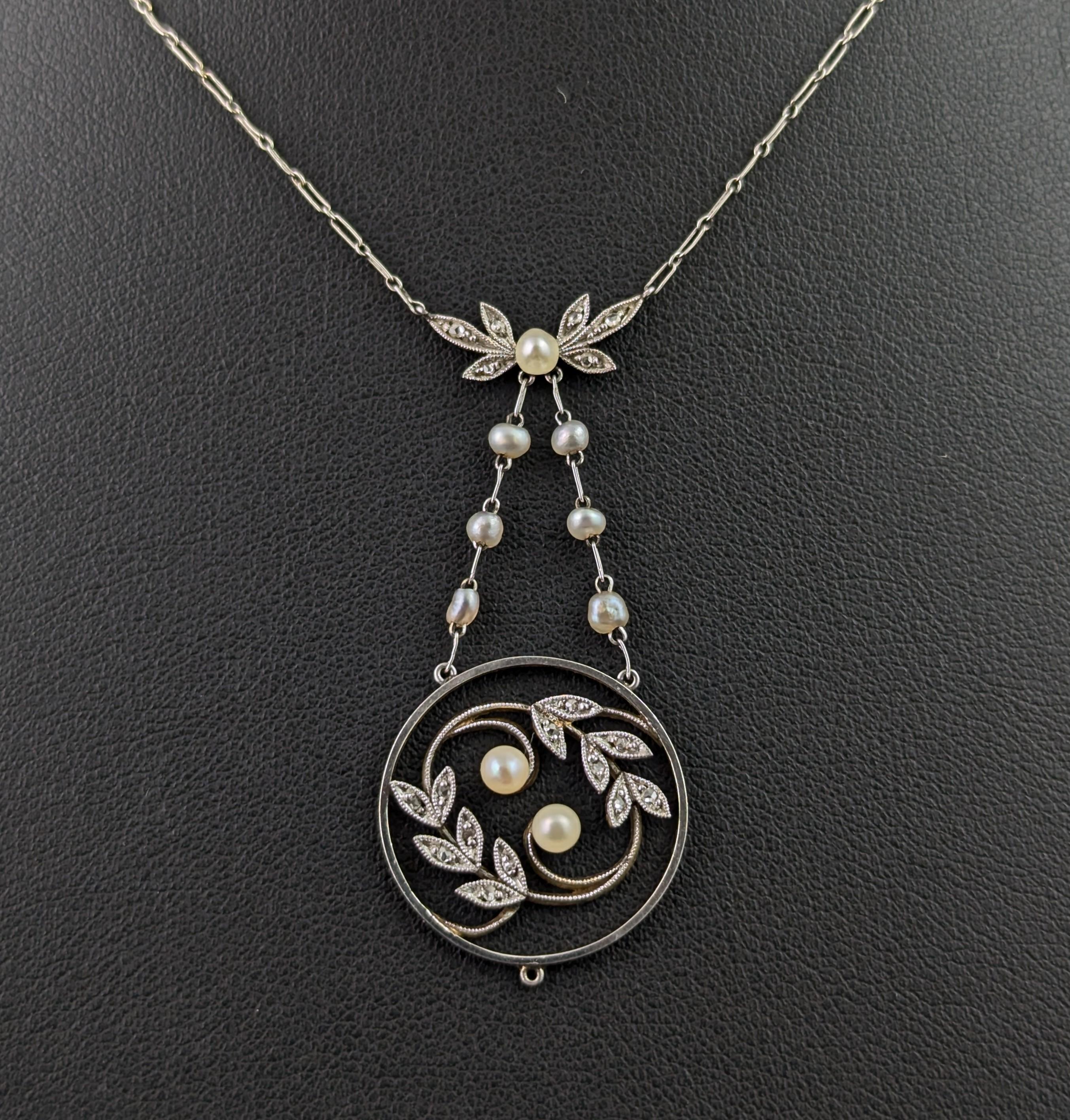 Single Cut Antique Diamond and Pearl pendant necklace, Edwardian For Sale