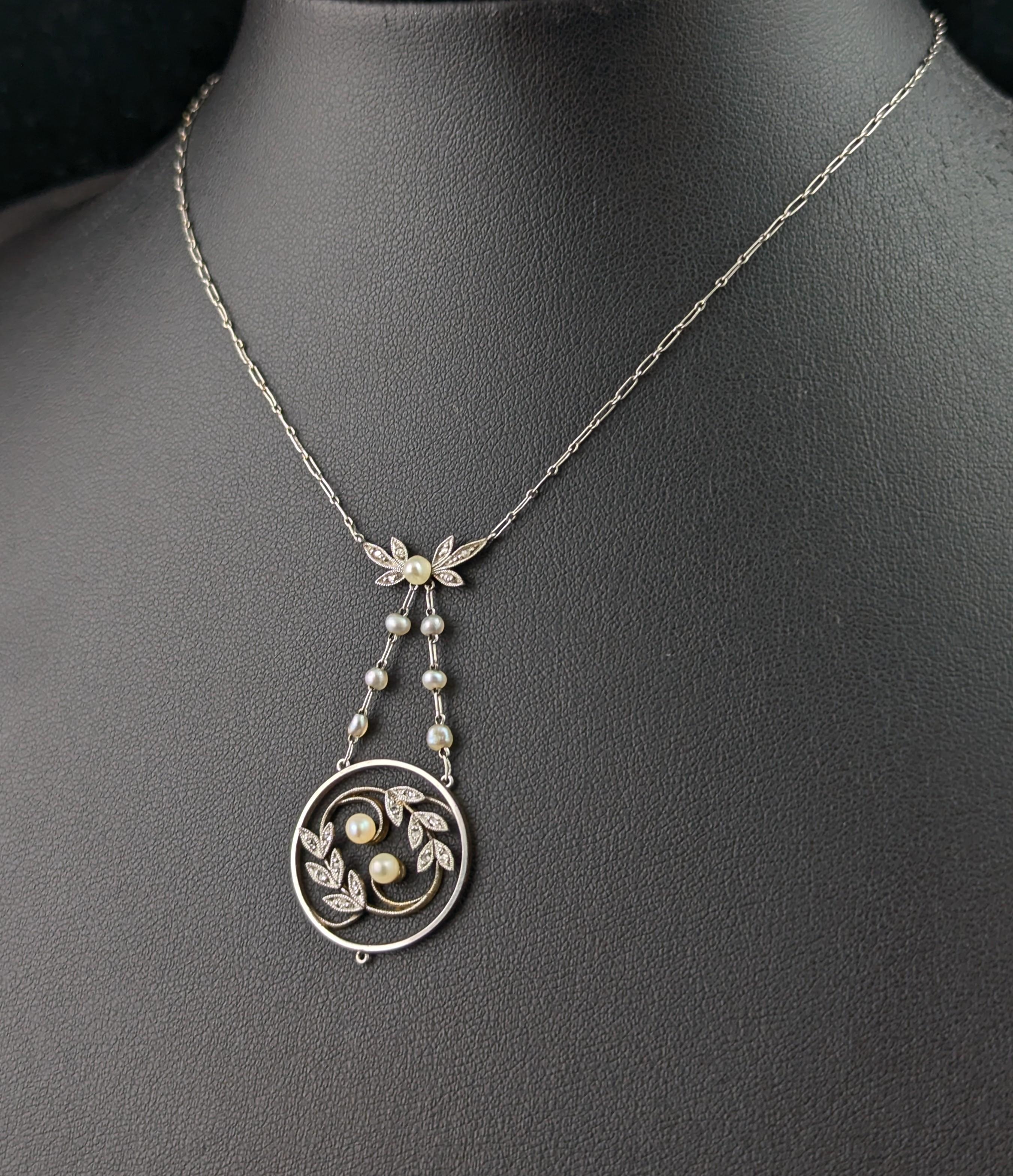 Women's Antique Diamond and Pearl pendant necklace, Edwardian For Sale