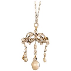Antique Diamond and Pearl Platinum and 18 Karat Yellow Gold Lavalier Necklace