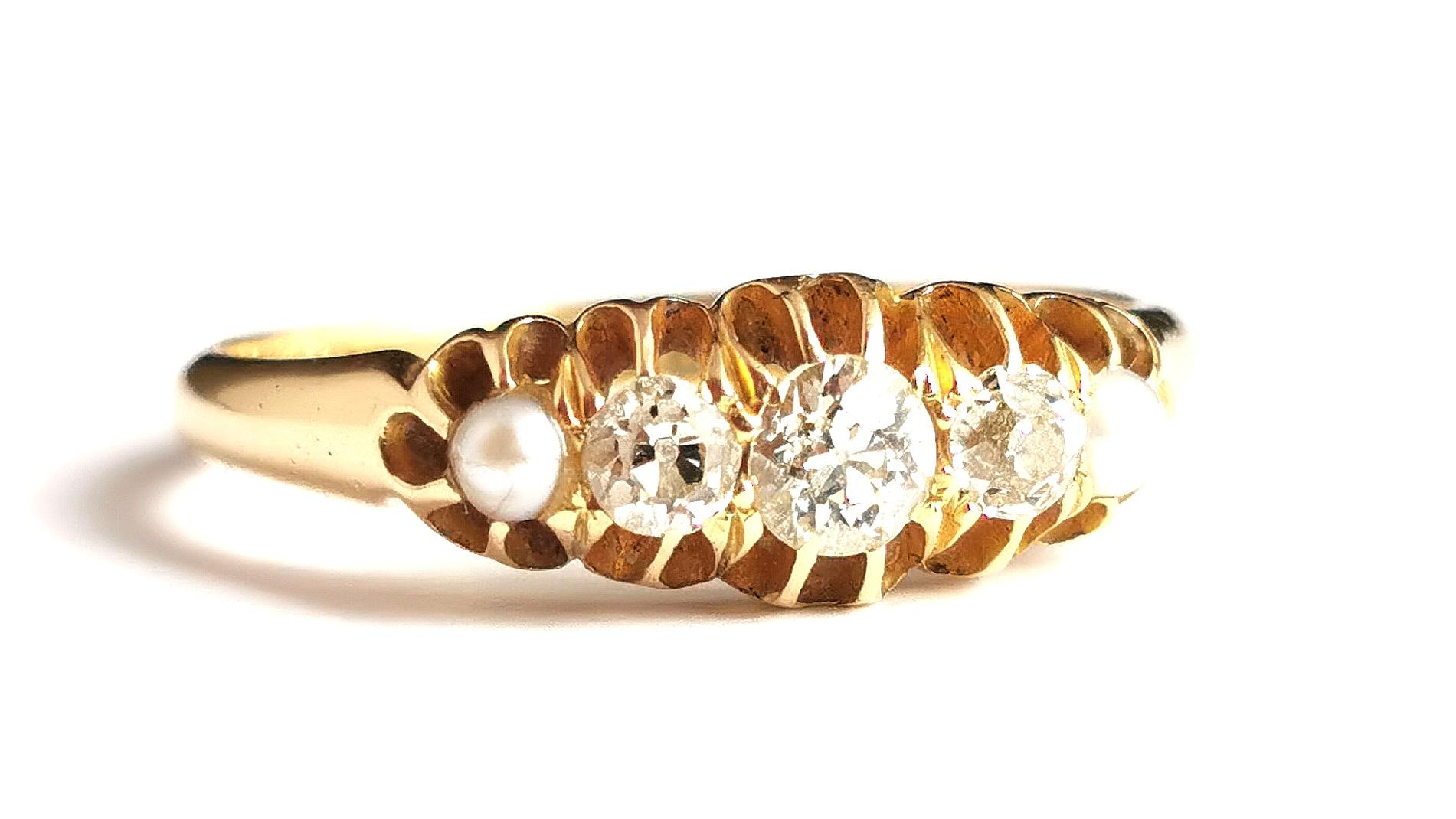 Antique Diamond and Pearl Ring, Five Stone, 18k Yellow Gold, Edwardian 10