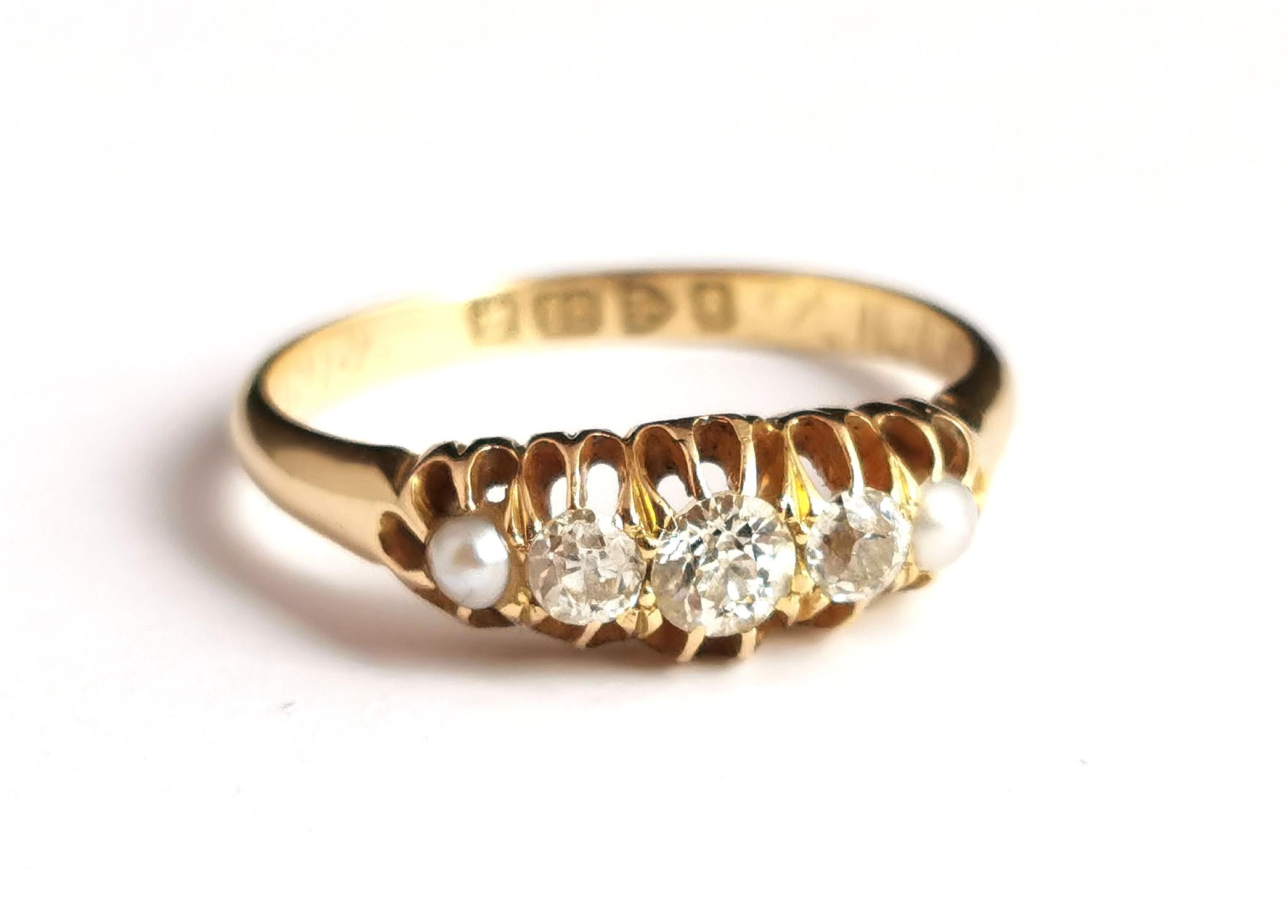 Antique Diamond and Pearl Ring, Five Stone, 18k Yellow Gold, Edwardian 11