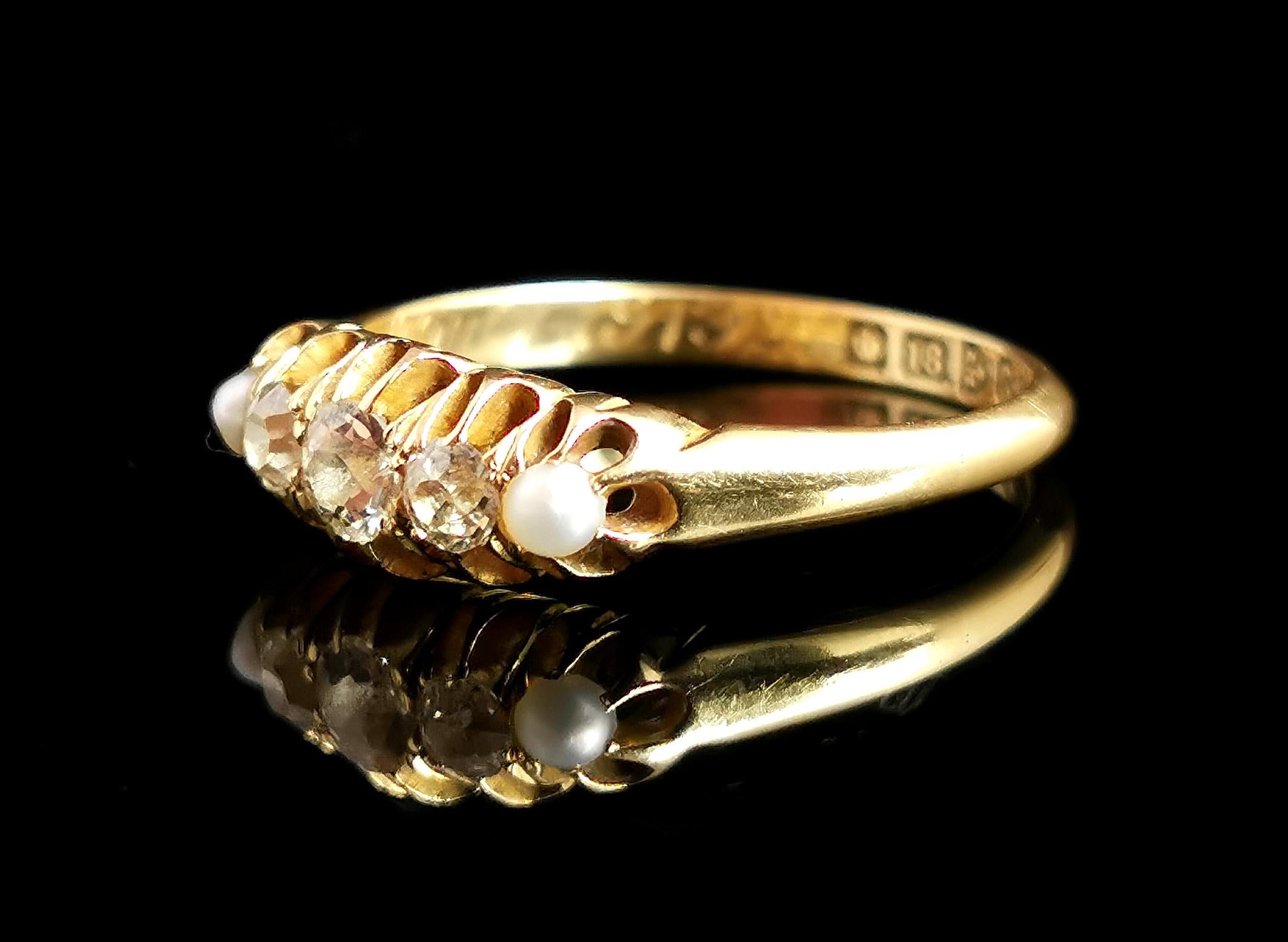 Women's Antique Diamond and Pearl Ring, Five Stone, 18k Yellow Gold, Edwardian