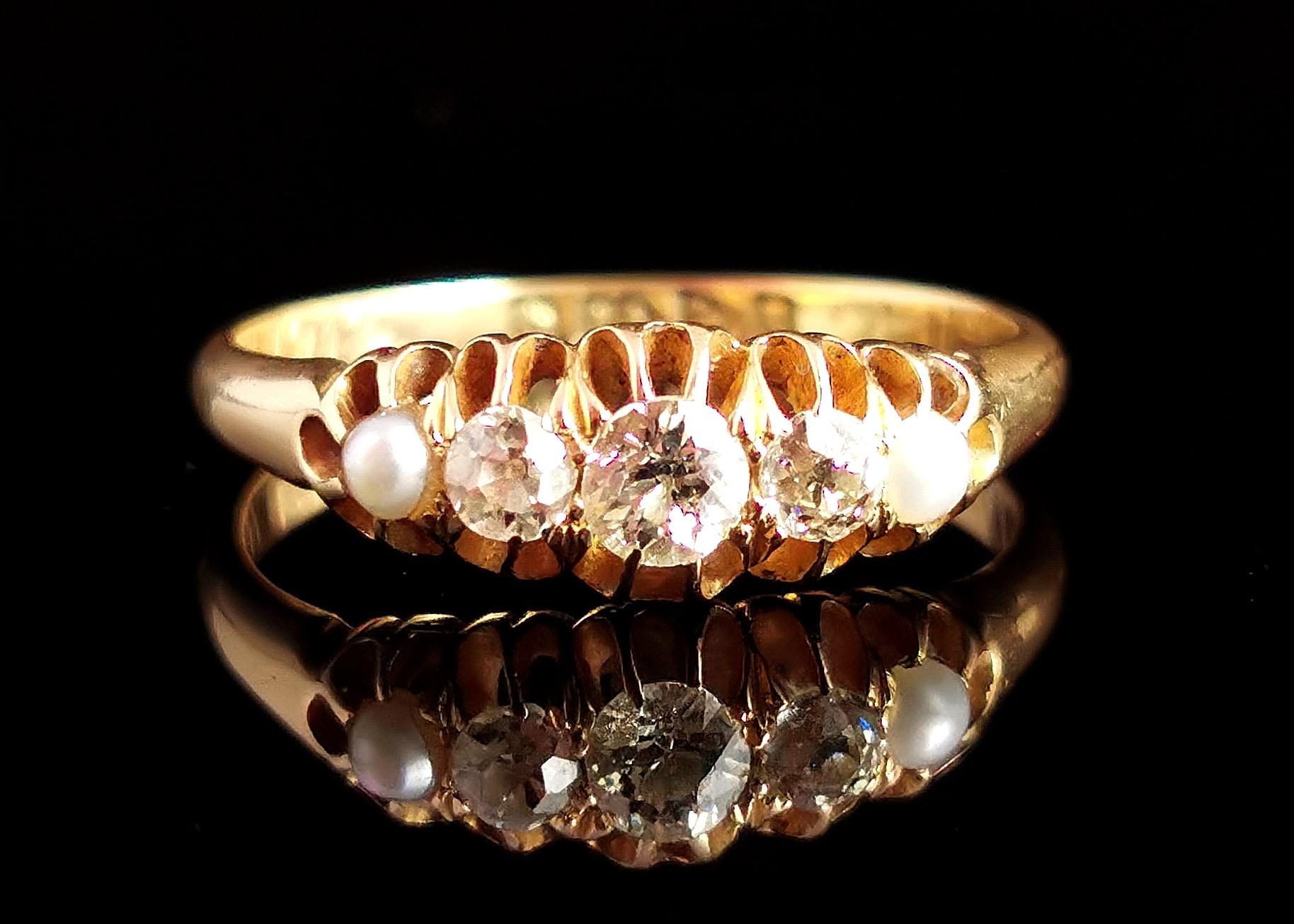 Antique Diamond and Pearl Ring, Five Stone, 18k Yellow Gold, Edwardian 2