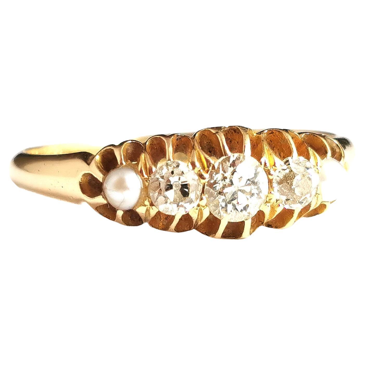 Antique Diamond and Pearl Ring, Five Stone, 18k Yellow Gold, Edwardian