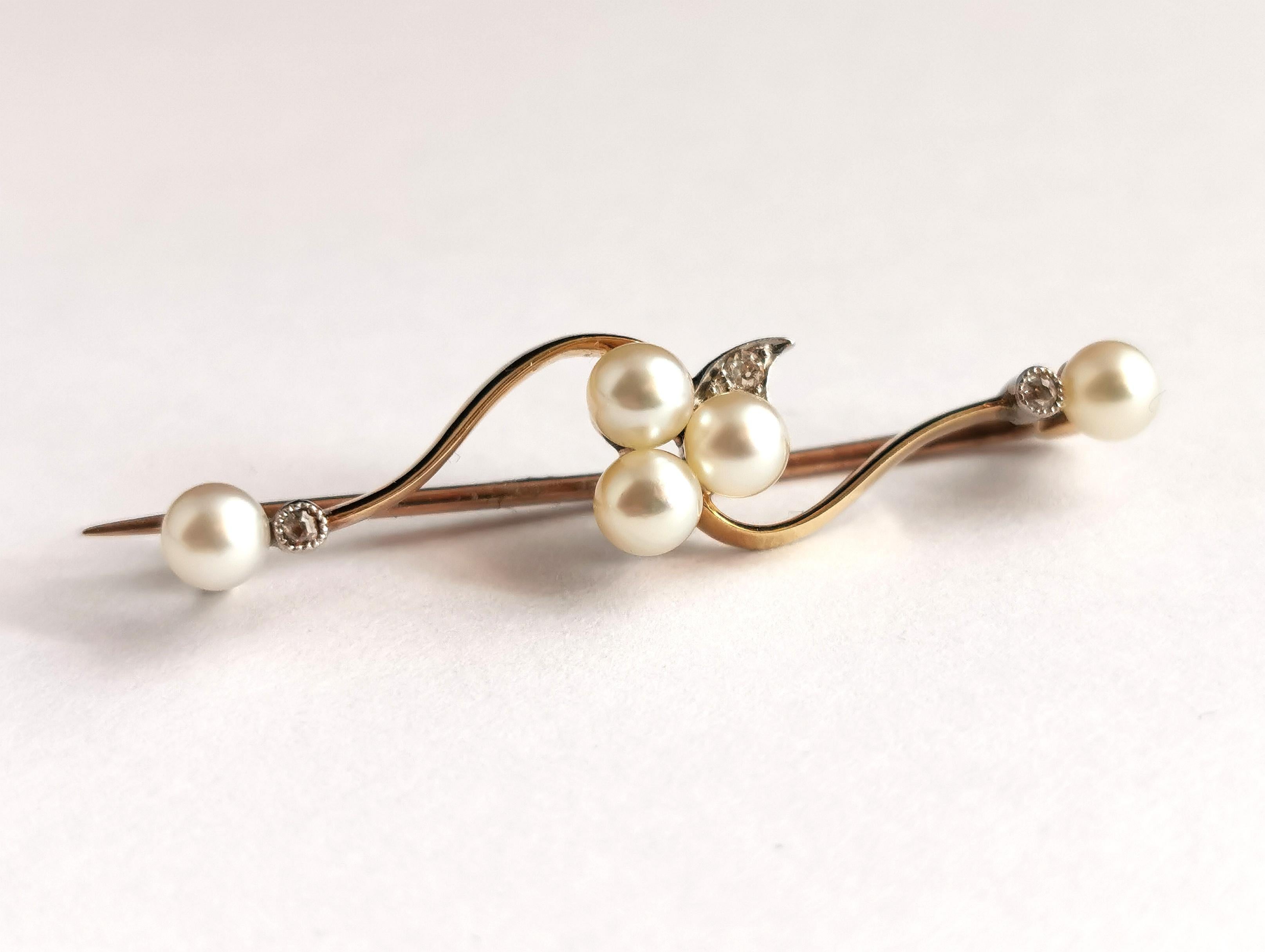 Antique Diamond and Pearl Shamrock Brooch, 9k Gold and Silver 8