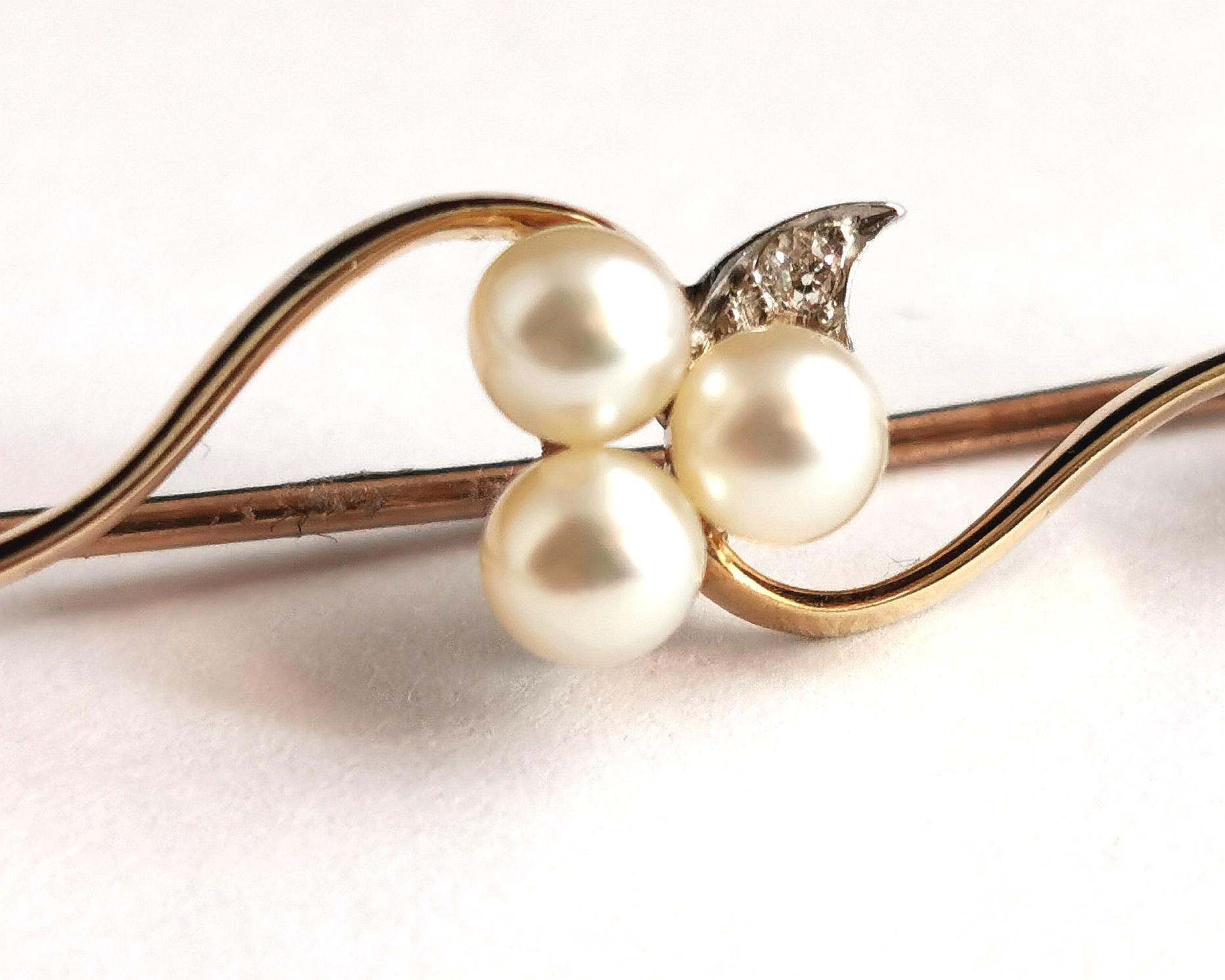 Antique Diamond and Pearl Shamrock Brooch, 9k Gold and Silver 9