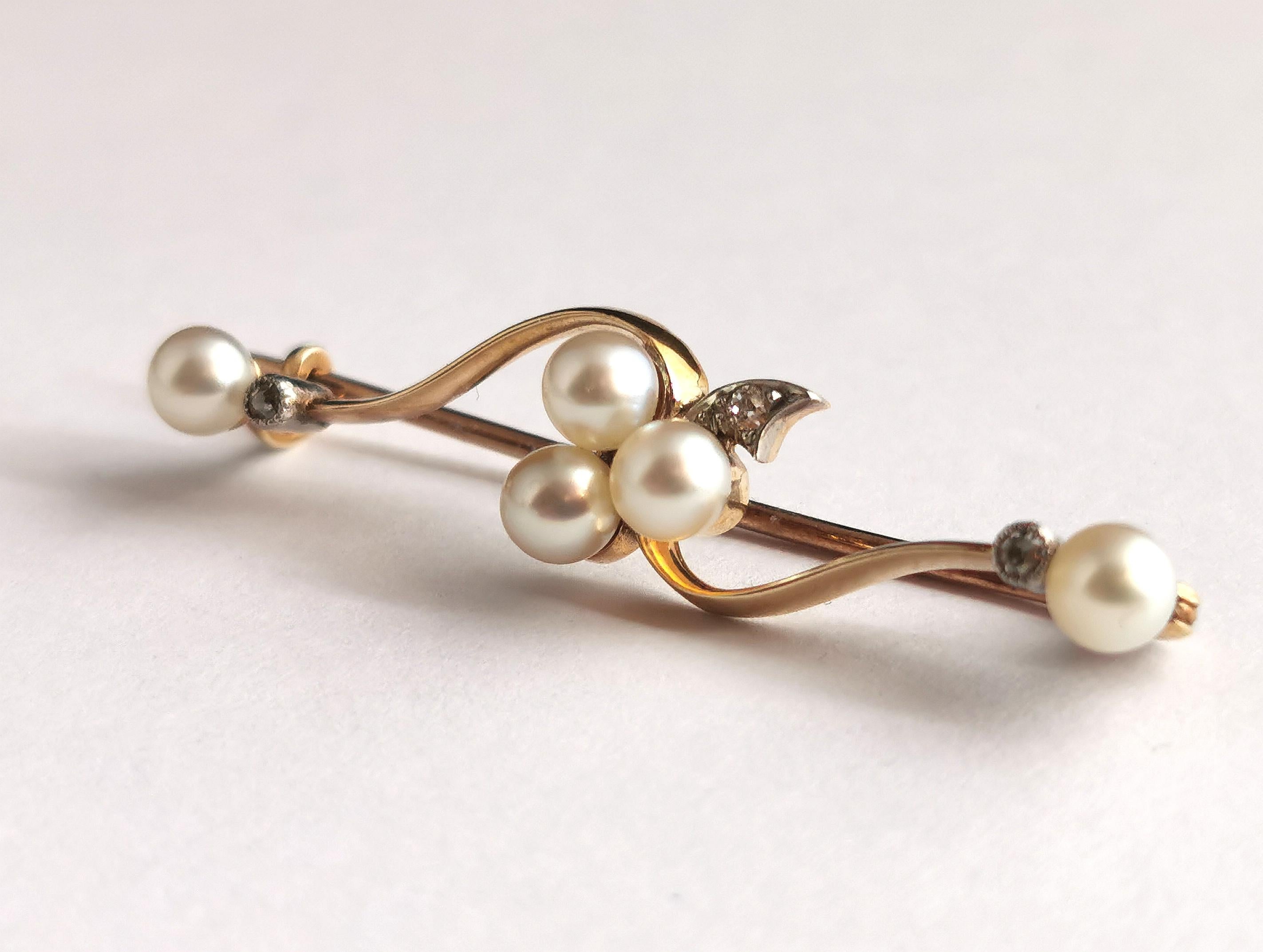 Antique Diamond and Pearl Shamrock Brooch, 9k Gold and Silver 10