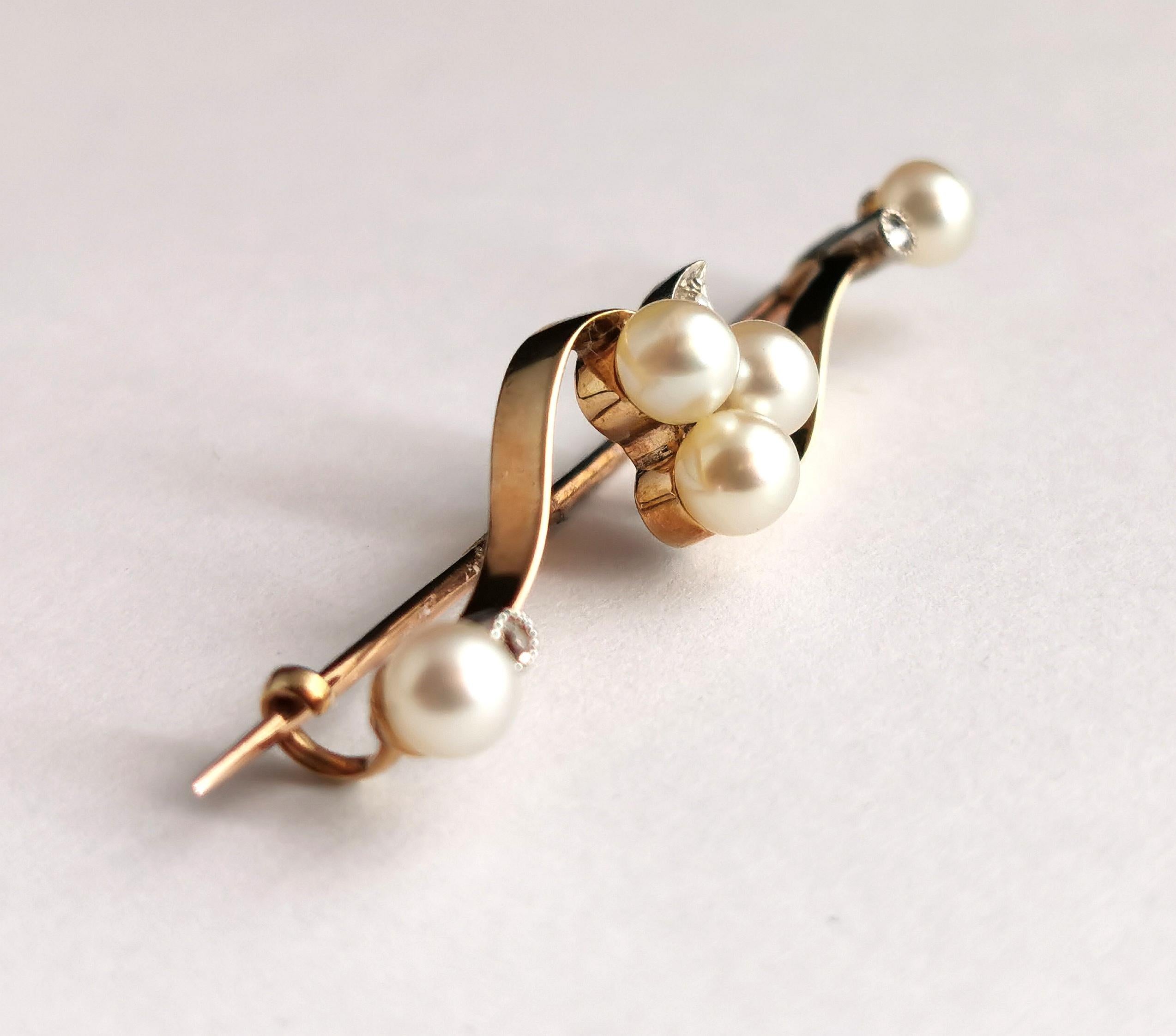 Antique Diamond and Pearl Shamrock Brooch, 9k Gold and Silver 11