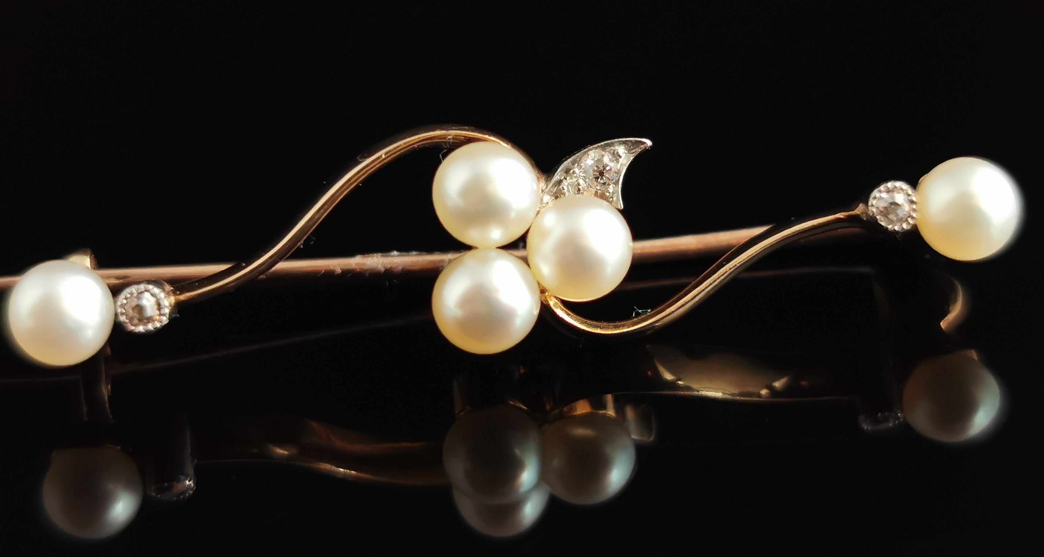 Edwardian Antique Diamond and Pearl Shamrock Brooch, 9k Gold and Silver